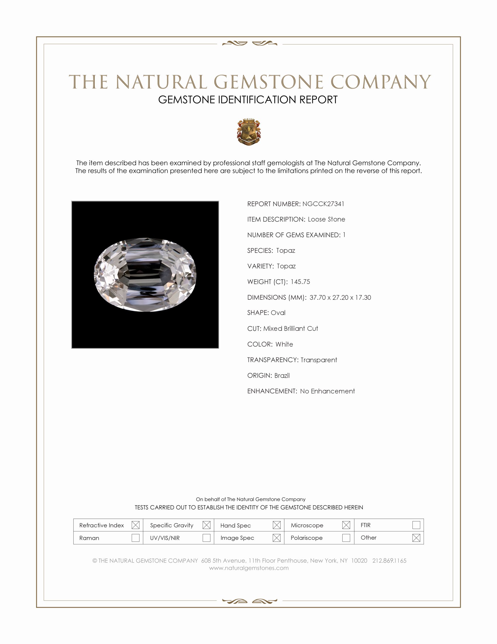 145.75 Ct. White Topaz from Brazil