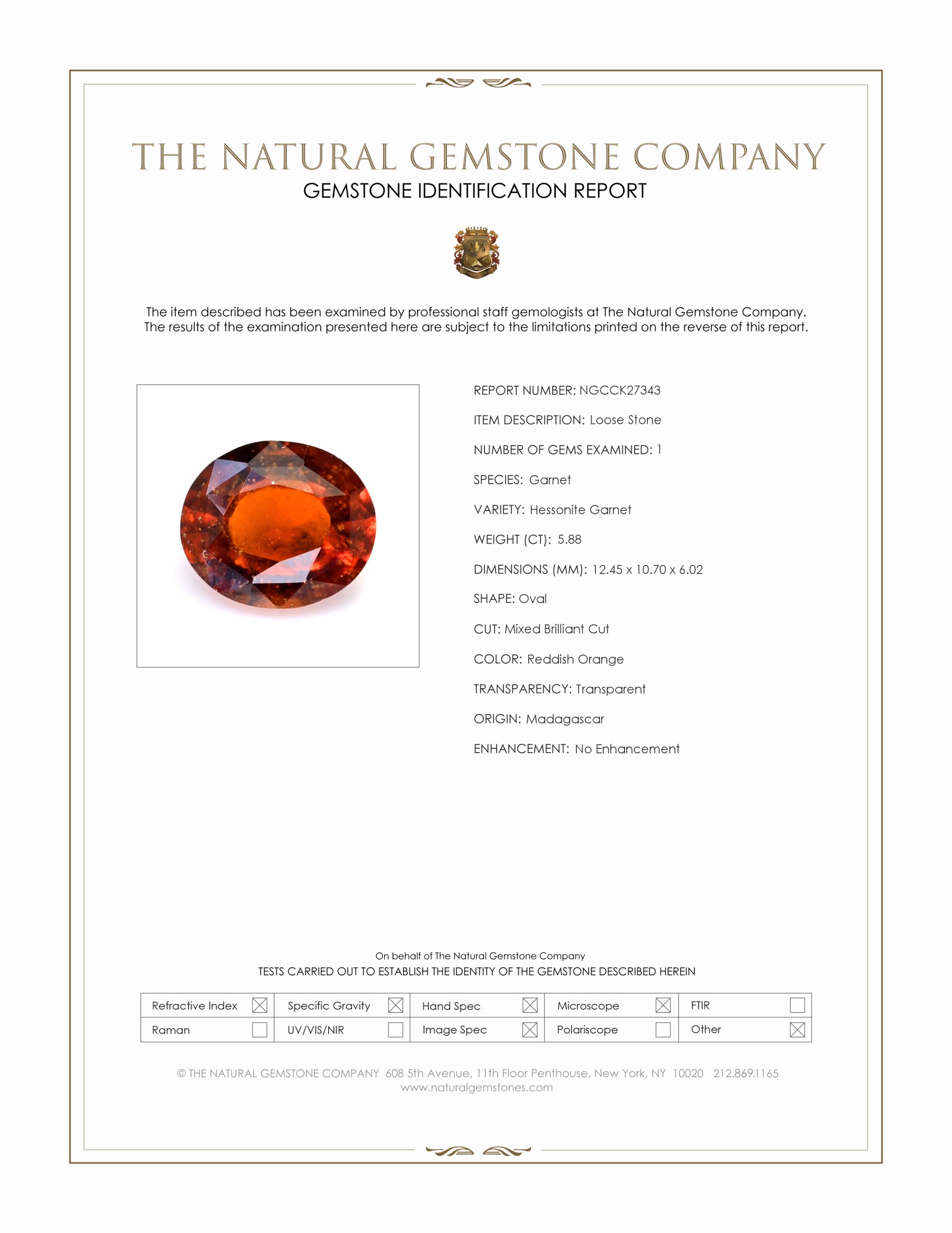 5.88 Ct. Reddish Orange Hessonite Garnet from Madagascar