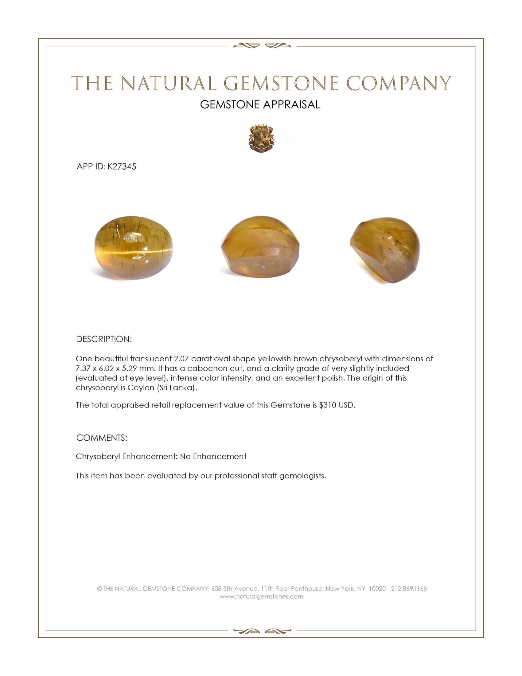 2.07 Ct. Yellowish Brown Cabochon Chrysoberyl from Ceylon (Sri Lanka)