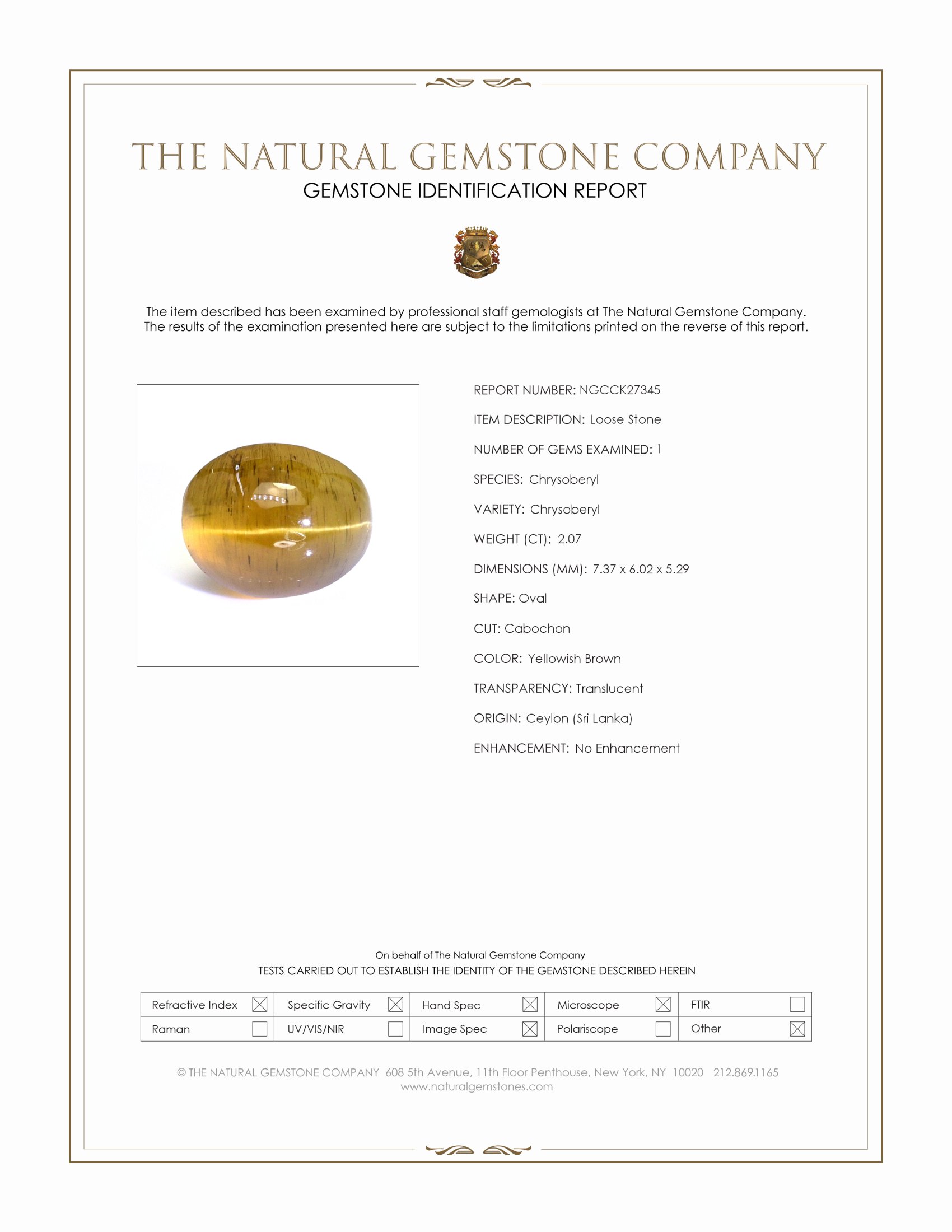 2.07 Ct. Yellowish Brown Cabochon Chrysoberyl from Ceylon (Sri Lanka)