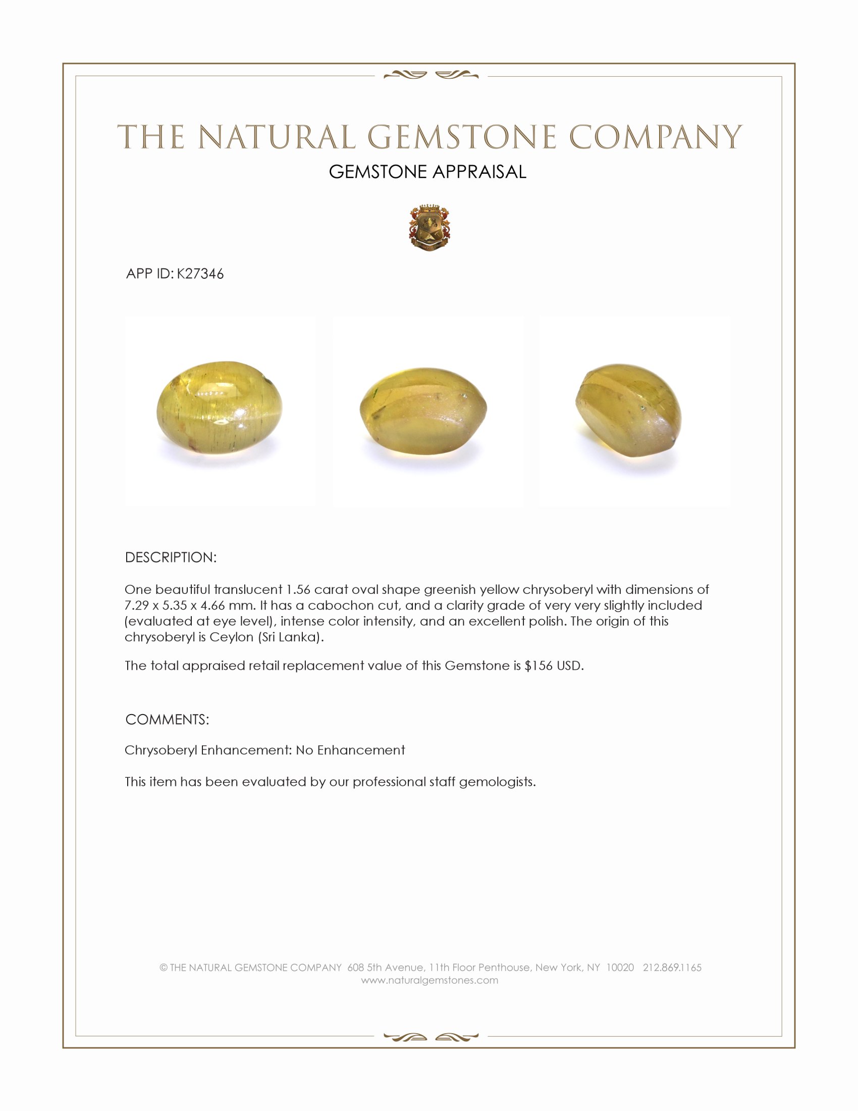 1.56 Ct. Greenish Yellow Cabochon Chrysoberyl from Ceylon (Sri Lanka)