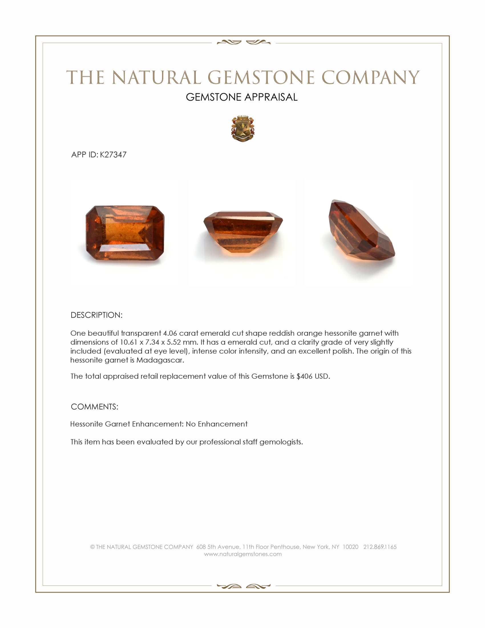 4.06 Ct. Reddish Orange Hessonite Garnet from Madagascar