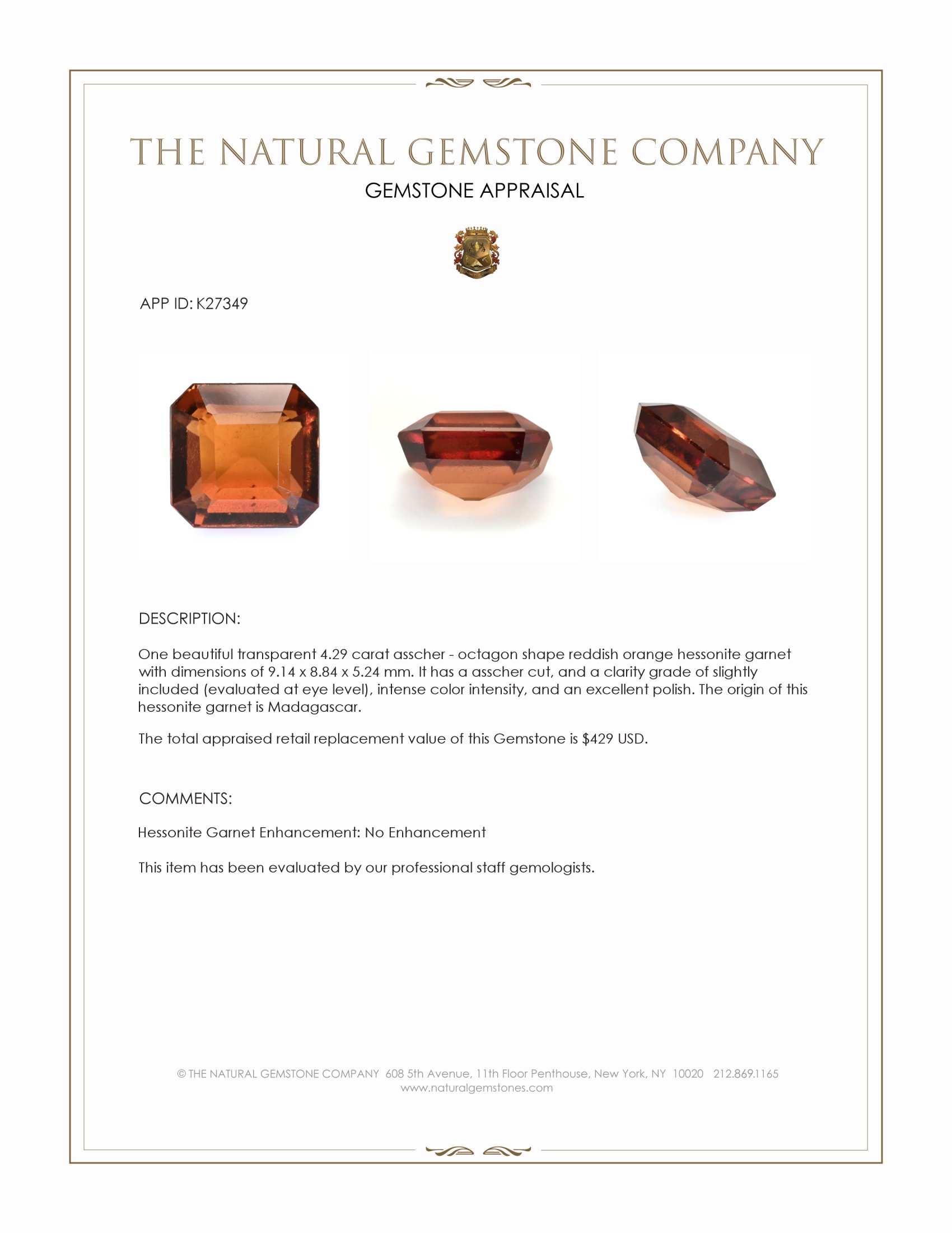 4.29 Ct. Reddish Orange Hessonite Garnet from Madagascar