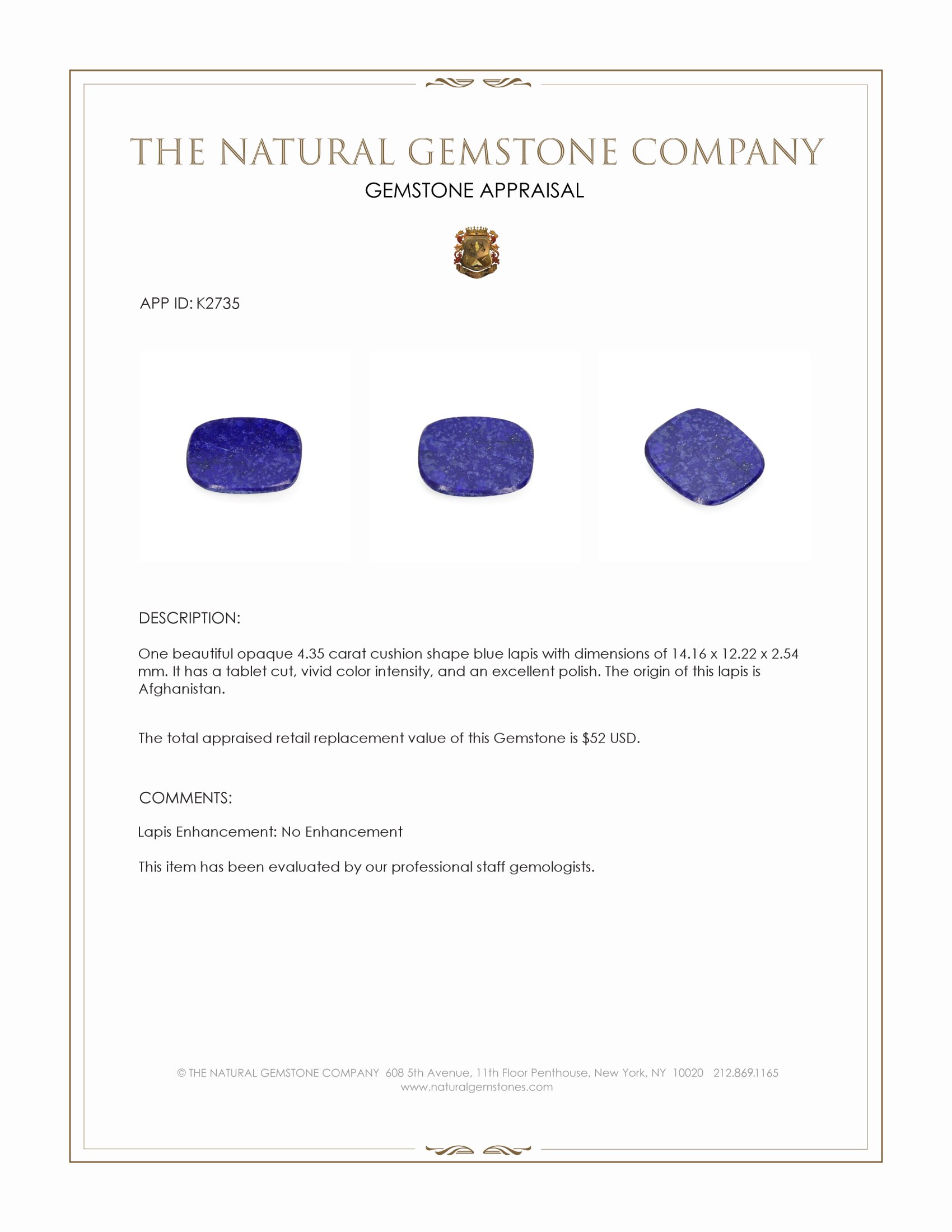 4.35 Ct. Lapis from Afghanistan