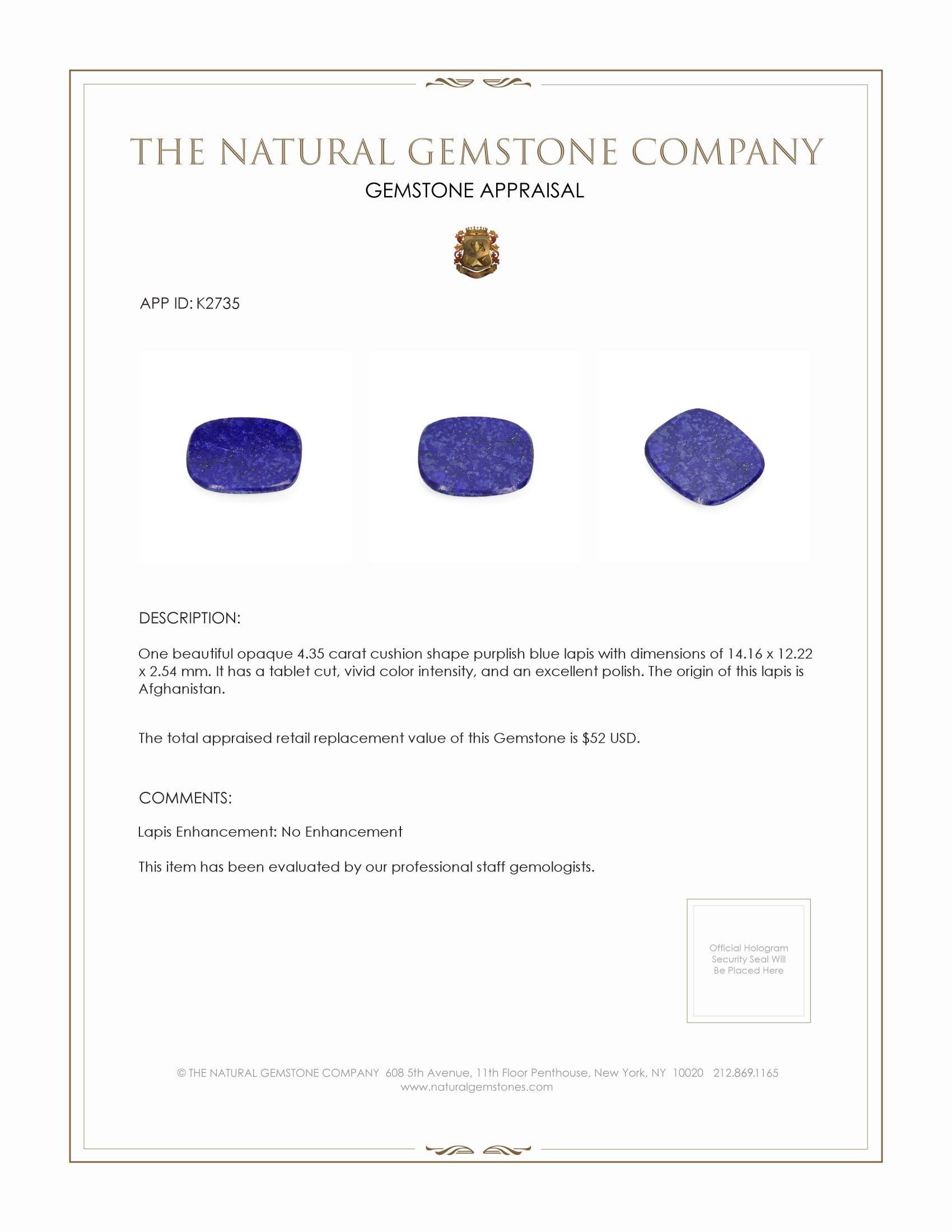 4.35 Ct. Lapis from Afghanistan