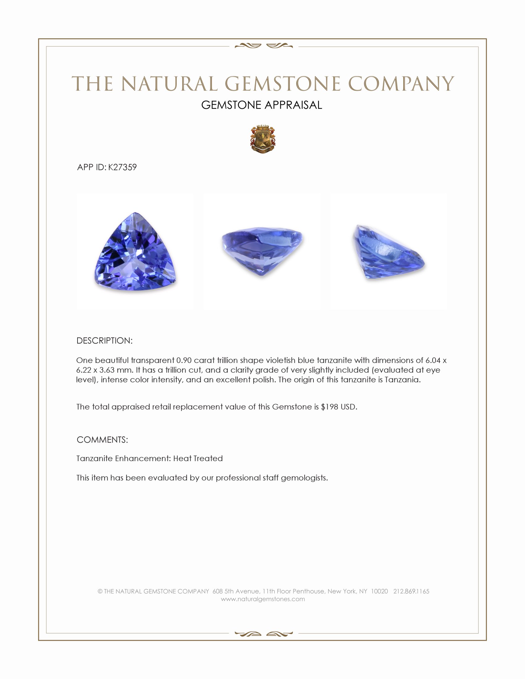 0.90 Ct. Violetish Blue Tanzanite from Tanzania