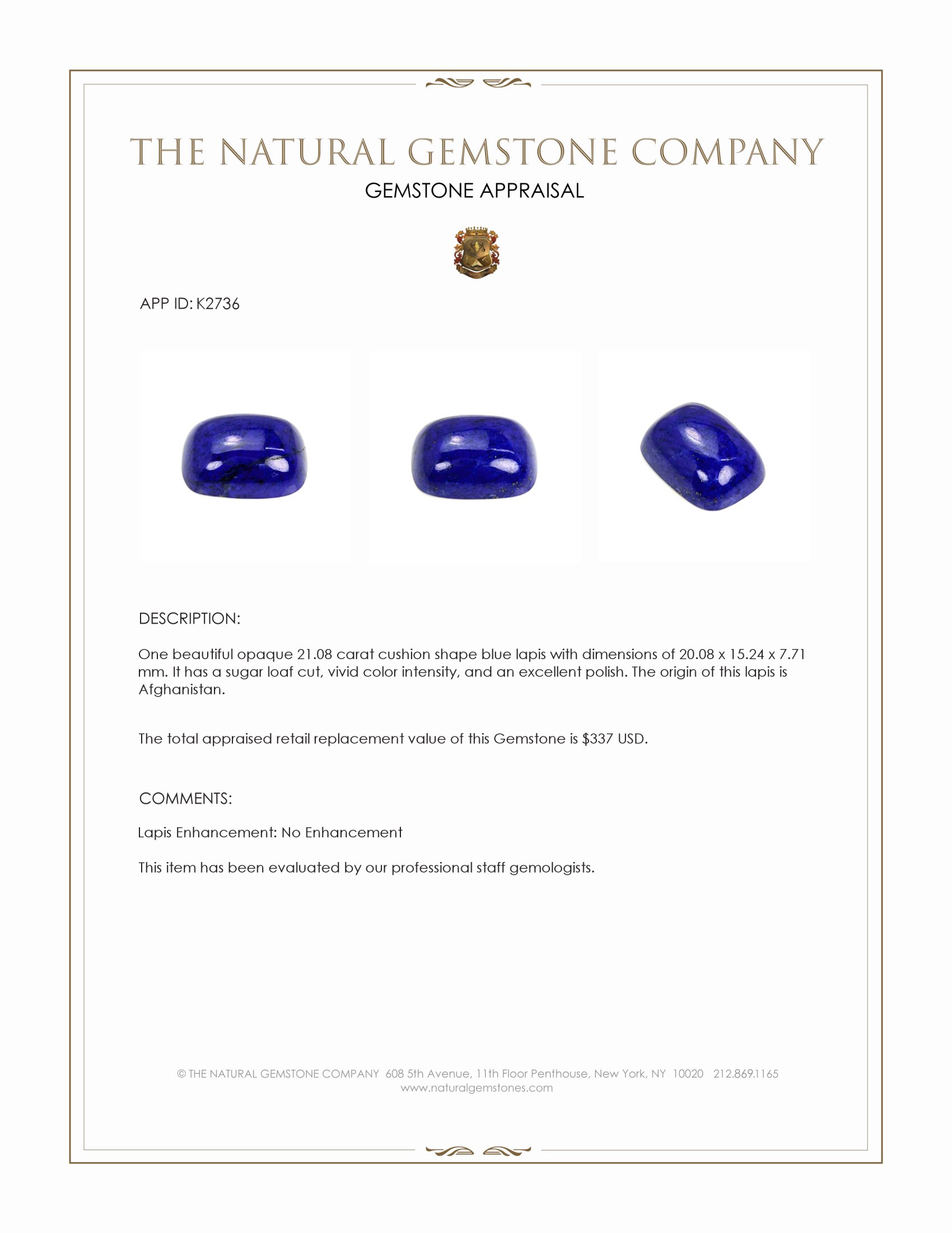 21.08 Ct. Cabochon Lapis from Afghanistan