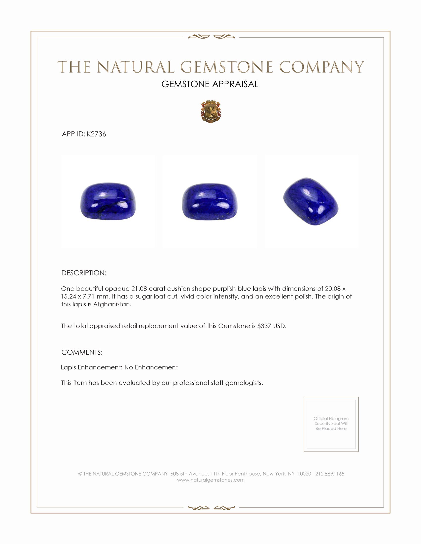 21.08 Ct. Cabochon Lapis from Afghanistan