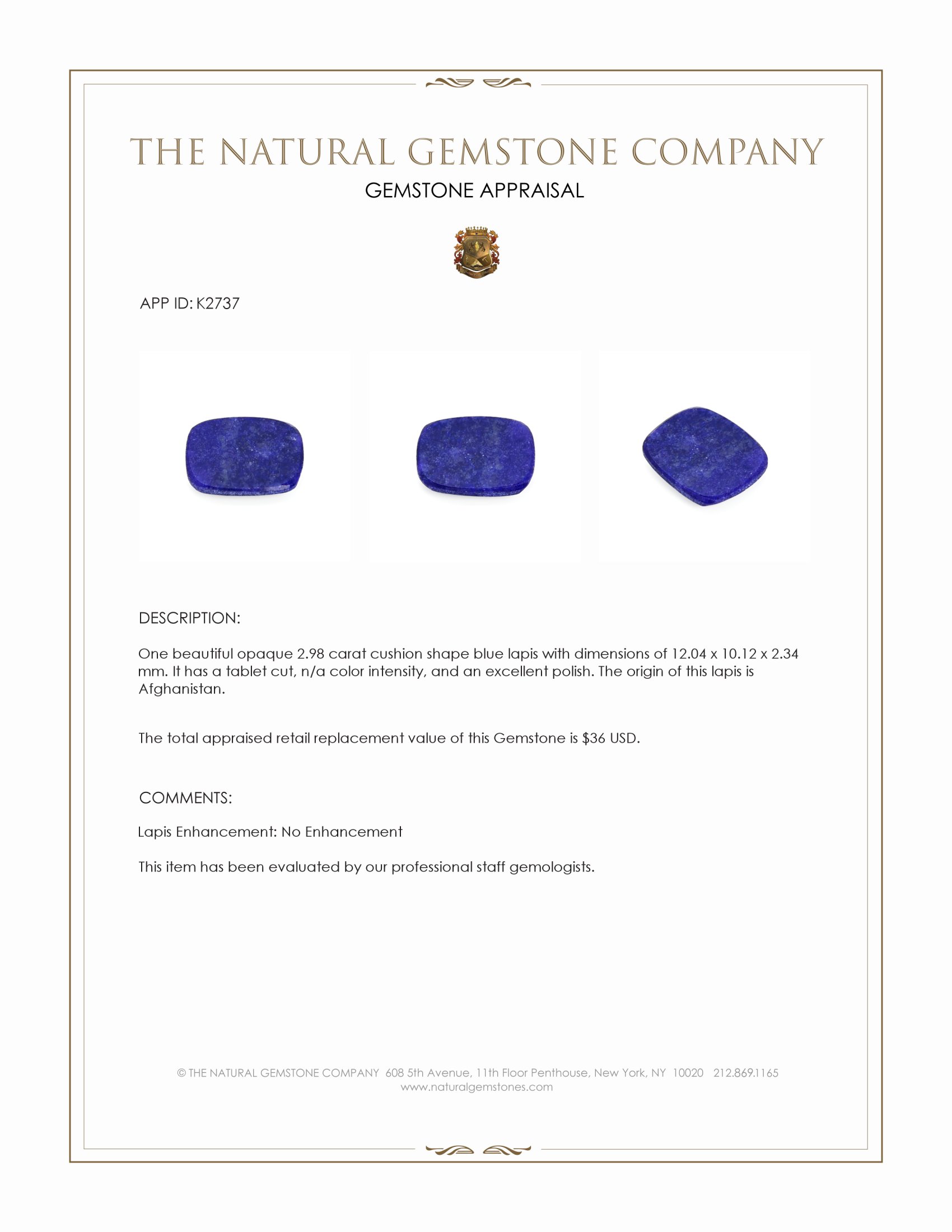 2.98 Ct. Lapis from Afghanistan