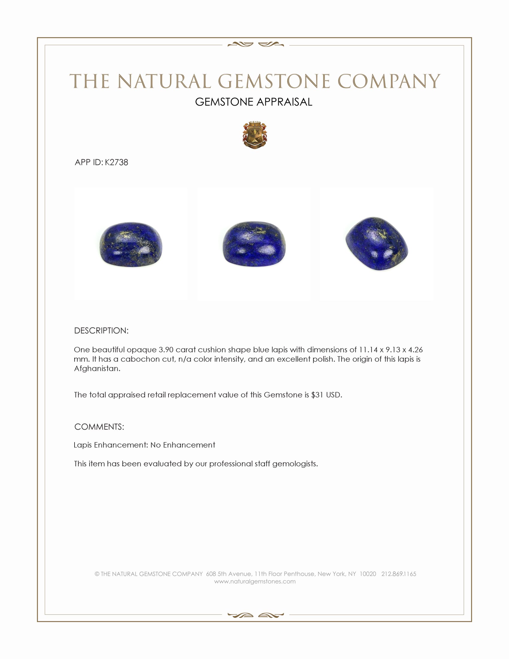3.90 Ct. Cabochon Lapis from Afghanistan