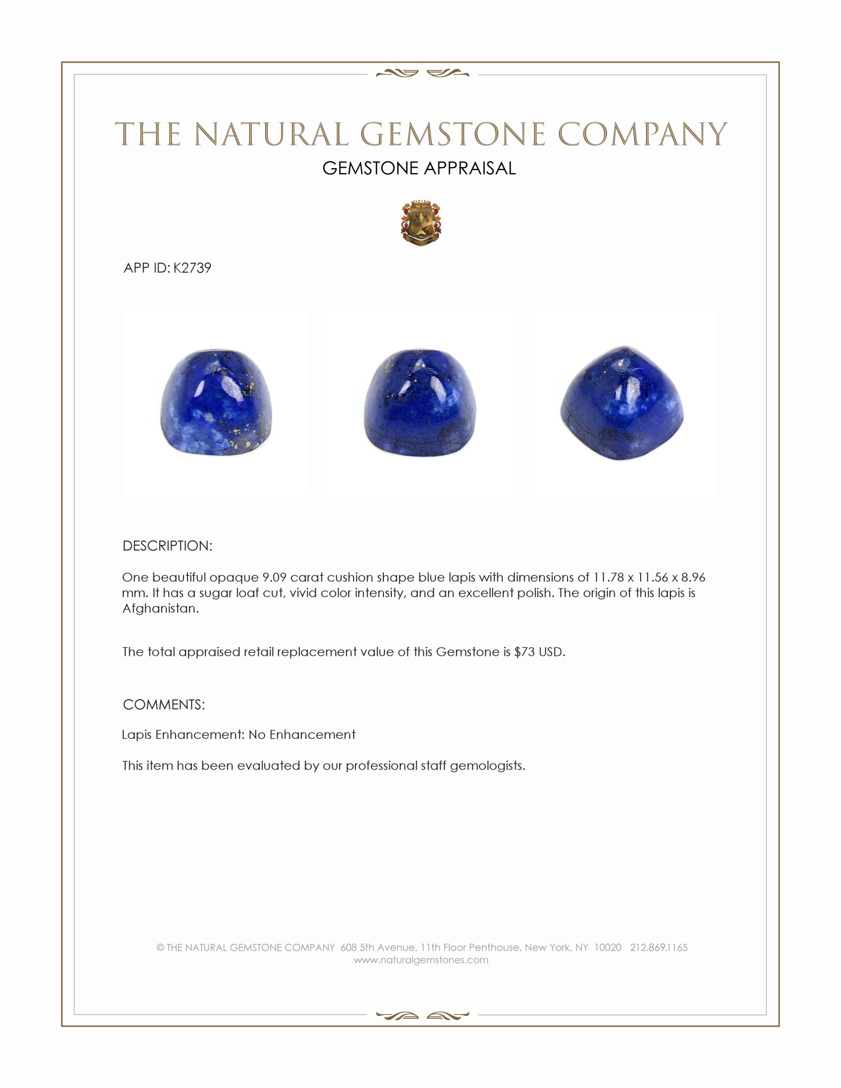 9.09 Ct. Cabochon Lapis from Afghanistan