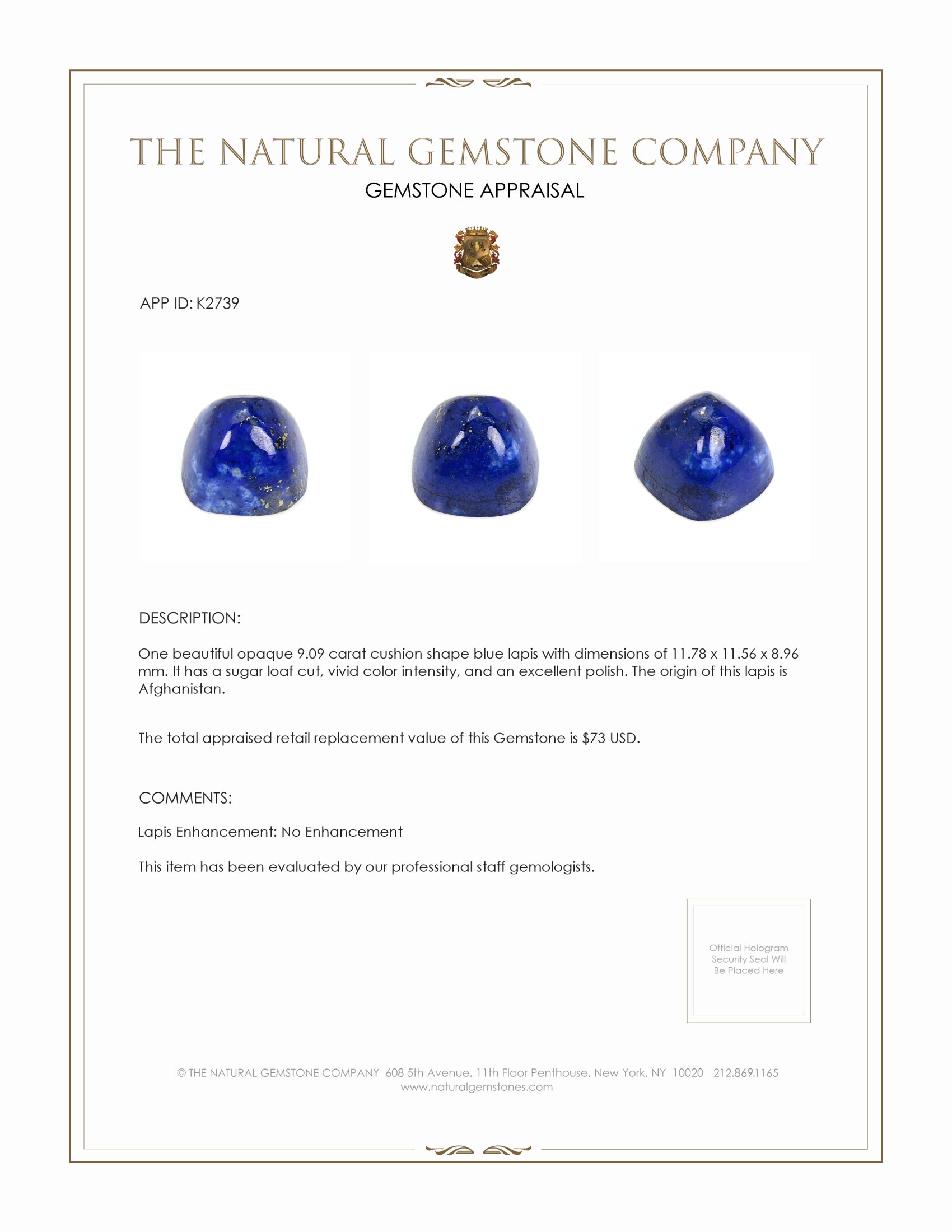 9.09 Ct. Cabochon Lapis from Afghanistan