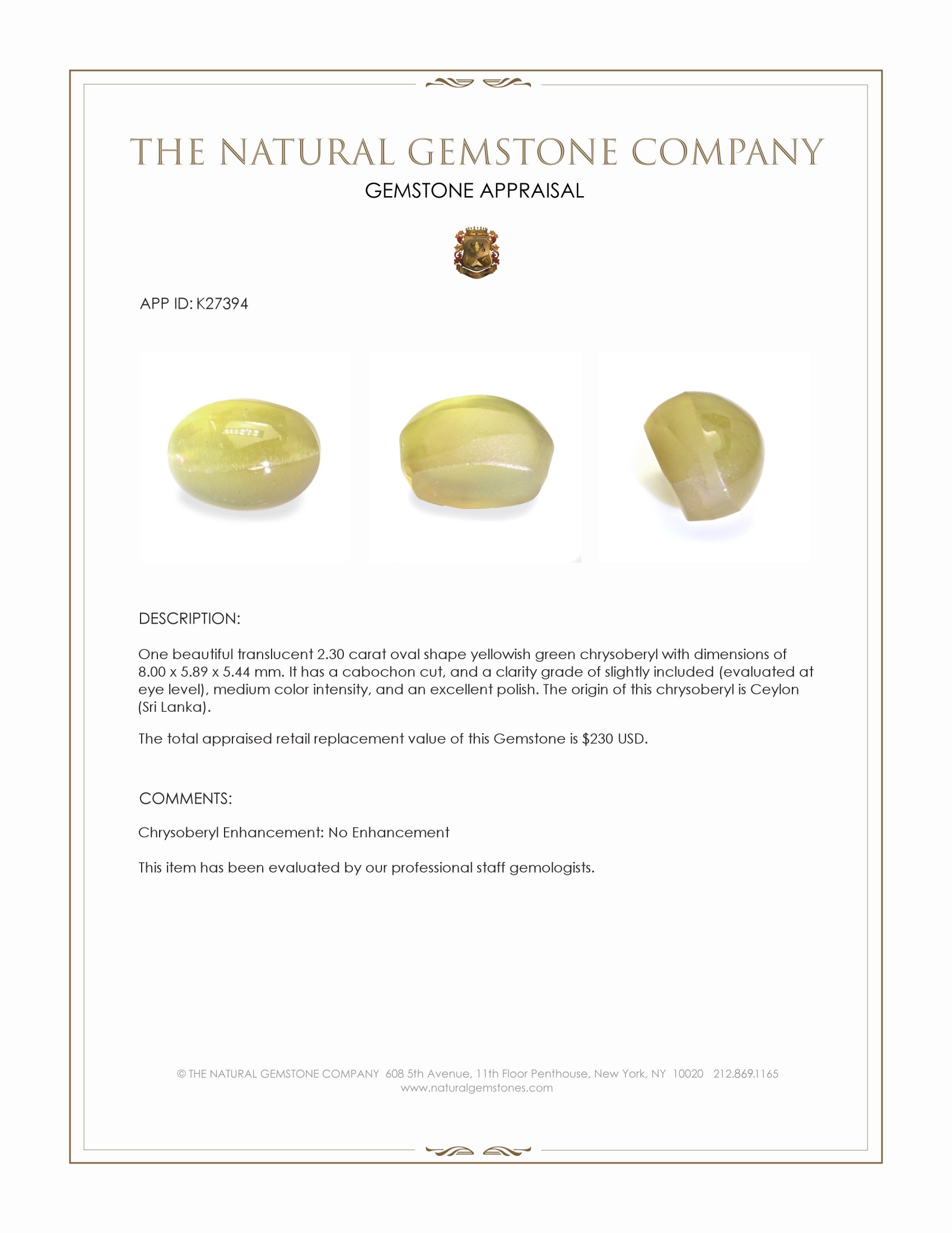 2.30 Ct. Yellowish Green Cabochon Chrysoberyl from Ceylon (Sri Lanka)
