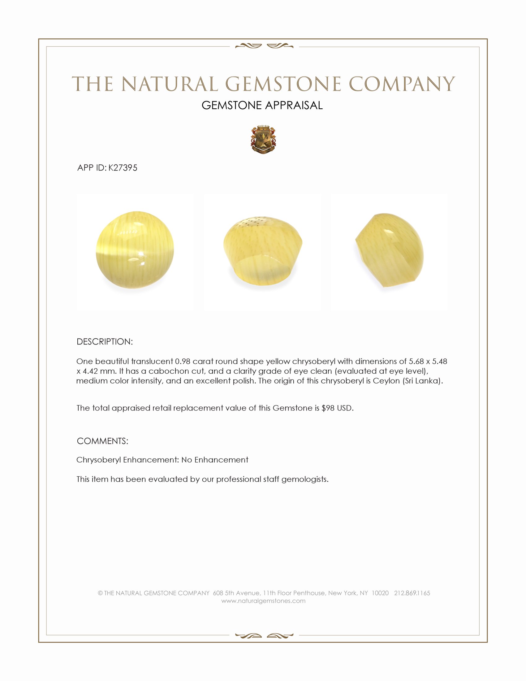 0.98 Ct. Yellow Cabochon Chrysoberyl from Ceylon (Sri Lanka)