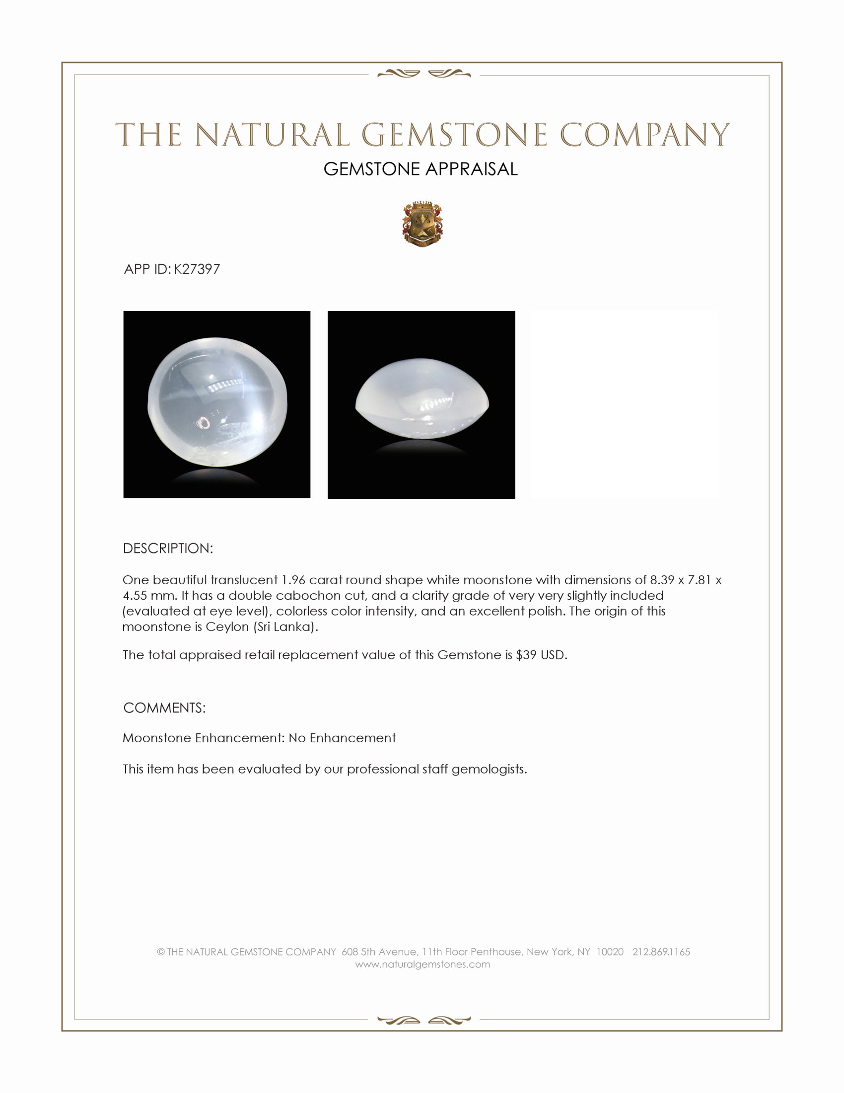 1.96 Ct. White Cabochon Moonstone from Ceylon (Sri Lanka)