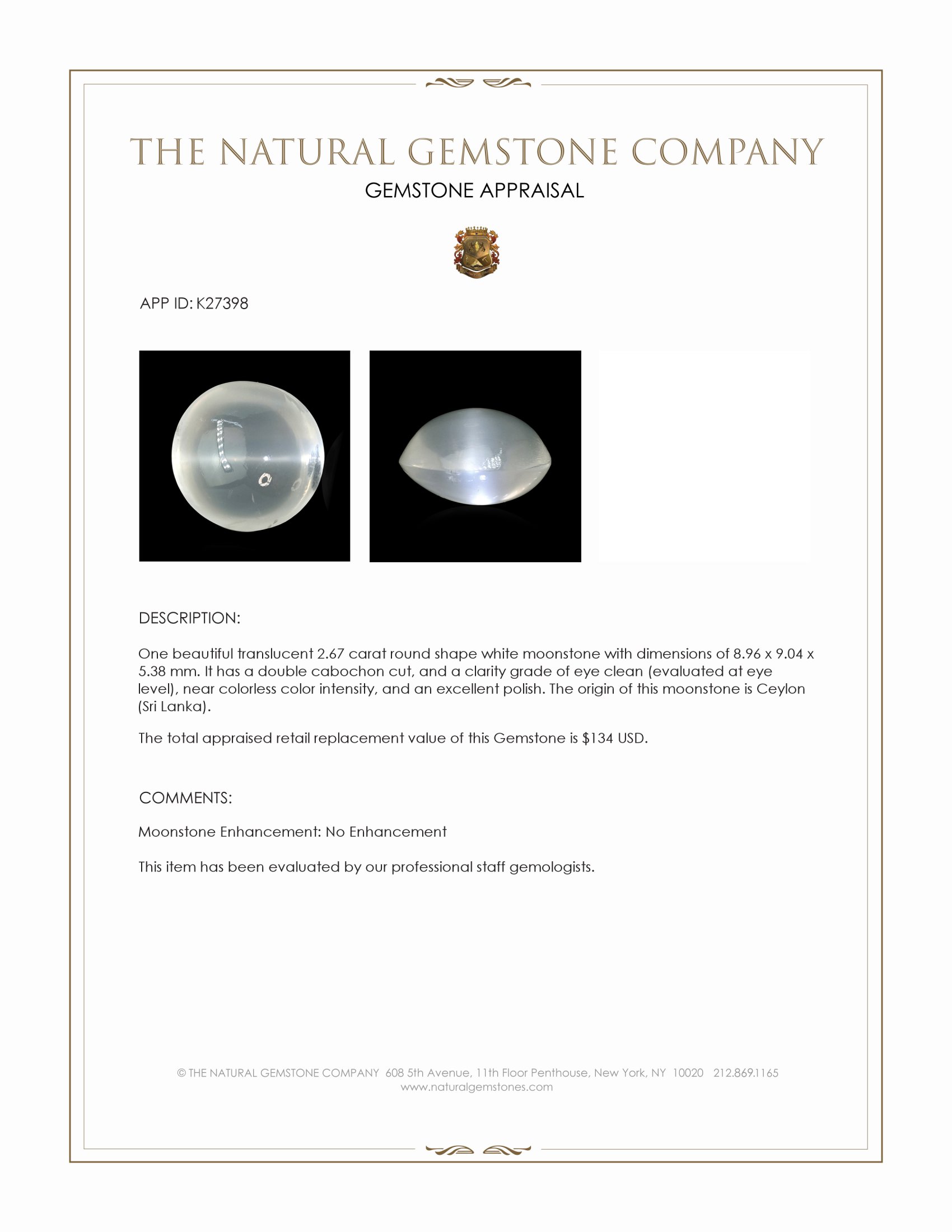 2.67 Ct. White Cabochon Moonstone from Ceylon (Sri Lanka)