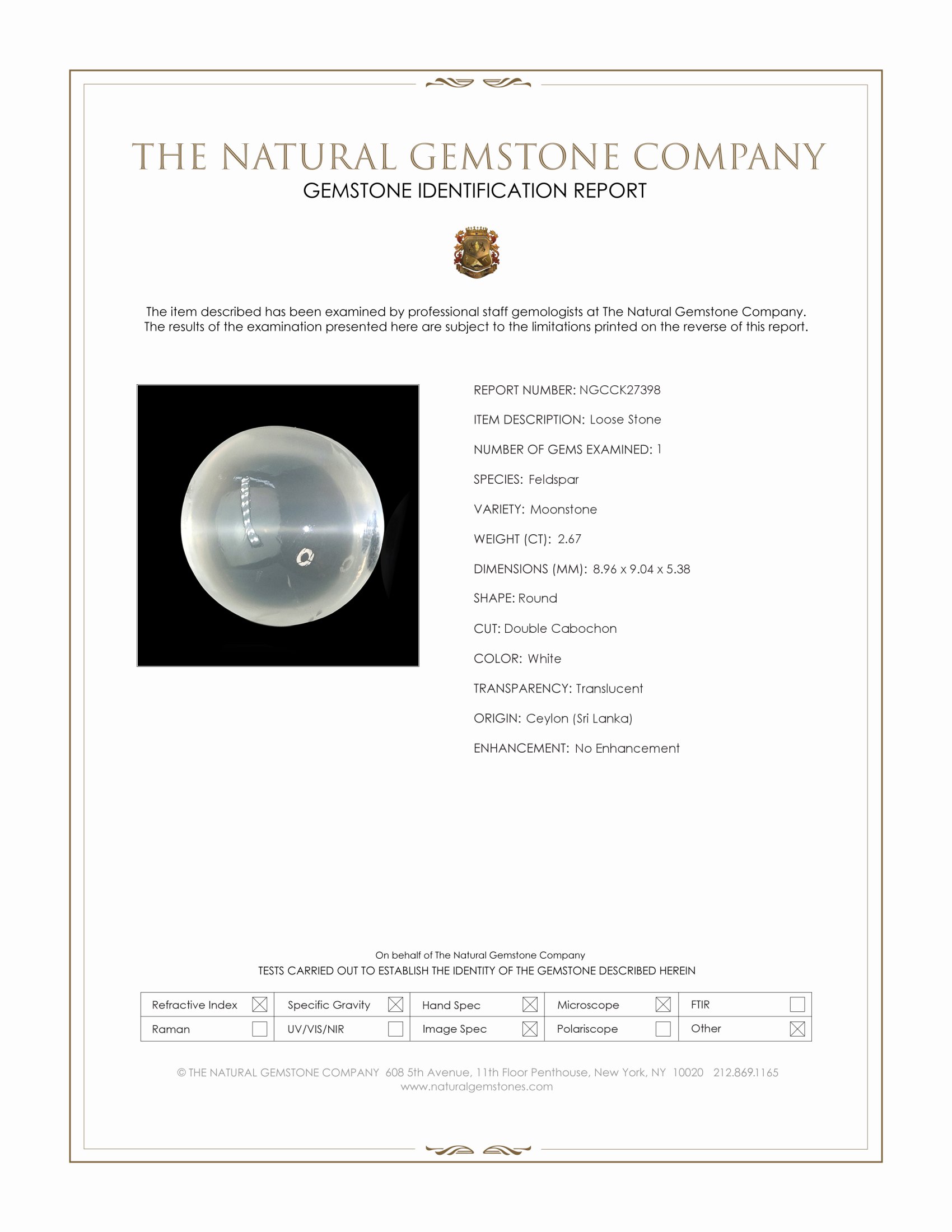 2.67 Ct. White Cabochon Moonstone from Ceylon (Sri Lanka)
