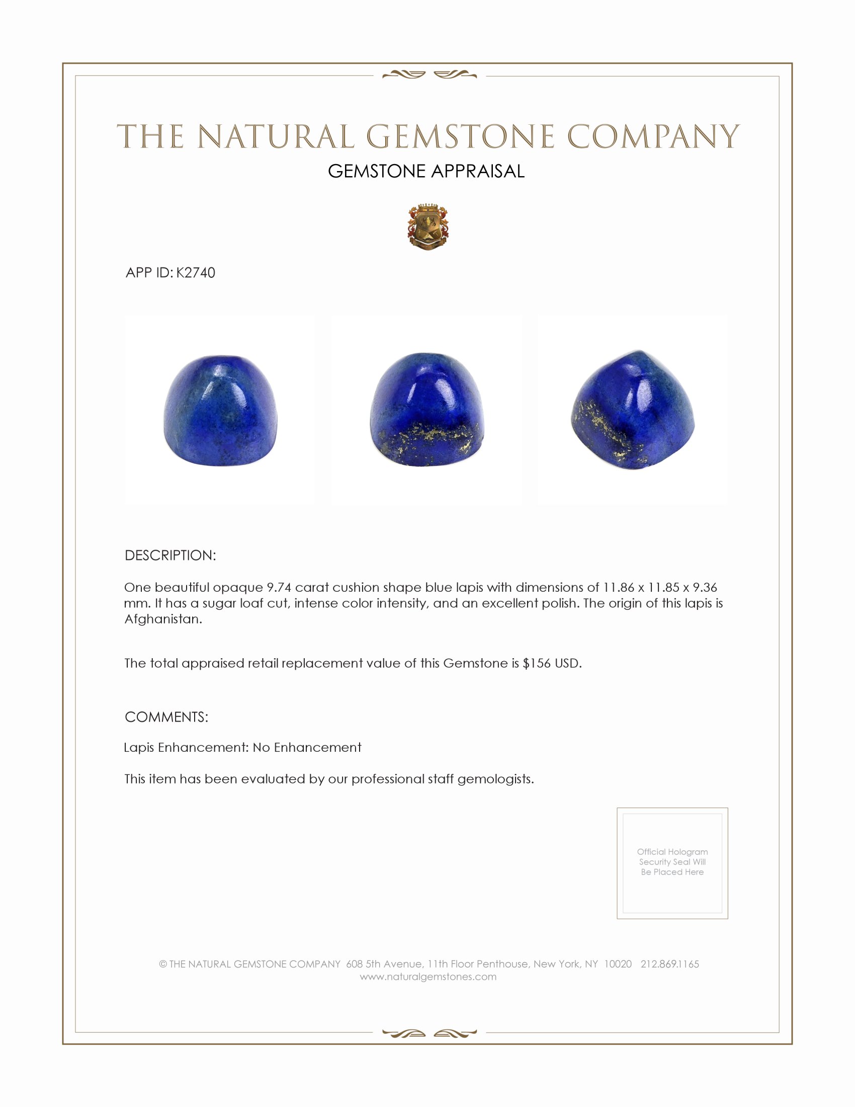 9.74 Ct. Cabochon Lapis from Afghanistan