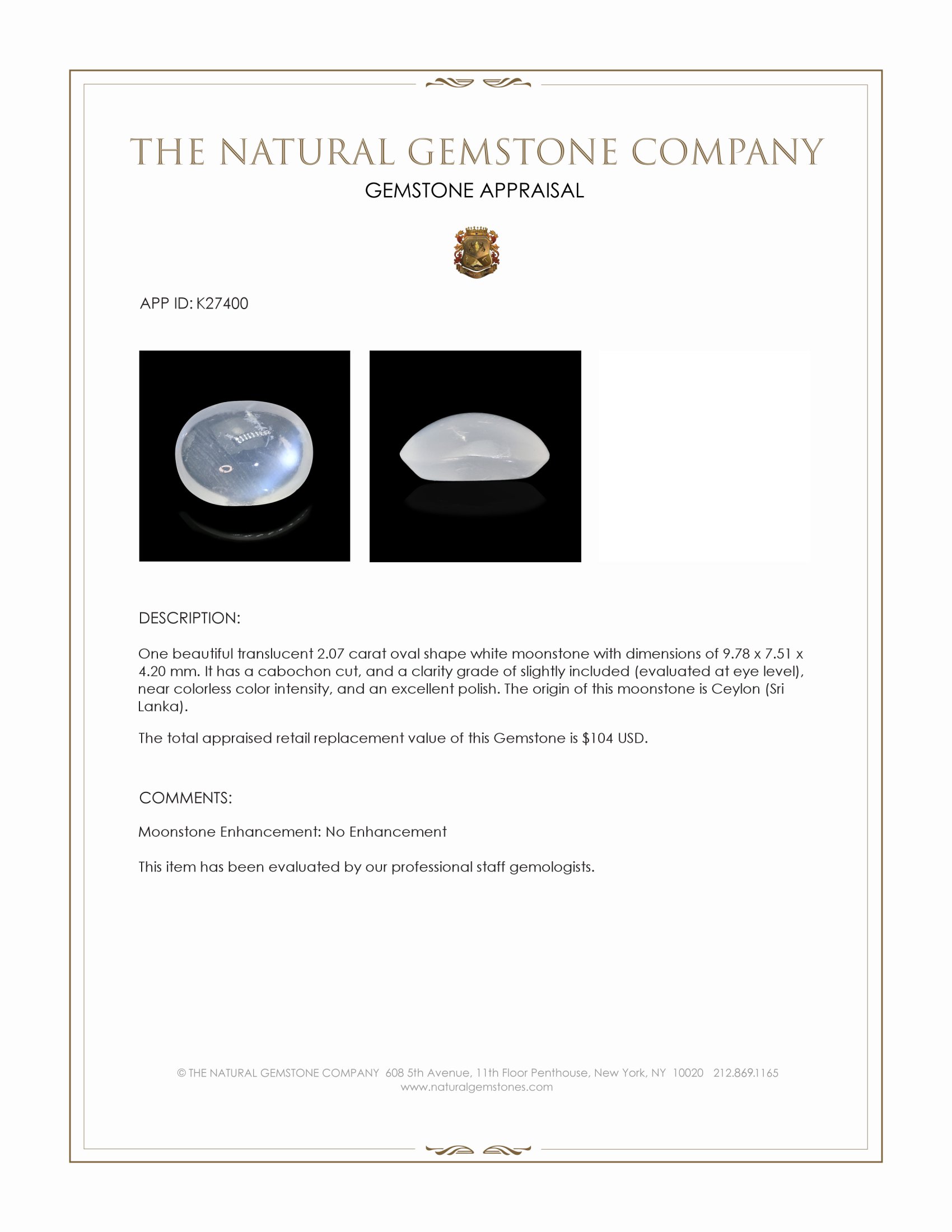 2.07 Ct. White Cabochon Moonstone from Ceylon (Sri Lanka)