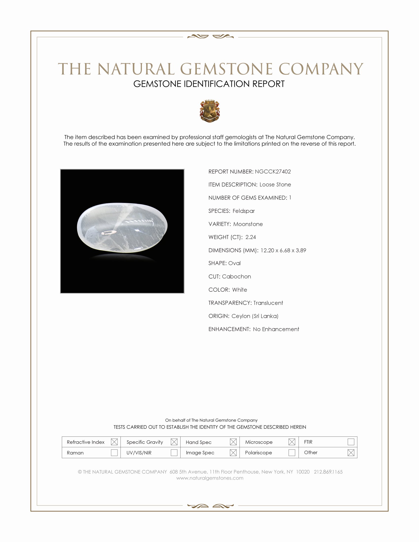 2.24 Ct. White Cabochon Moonstone from Ceylon (Sri Lanka)