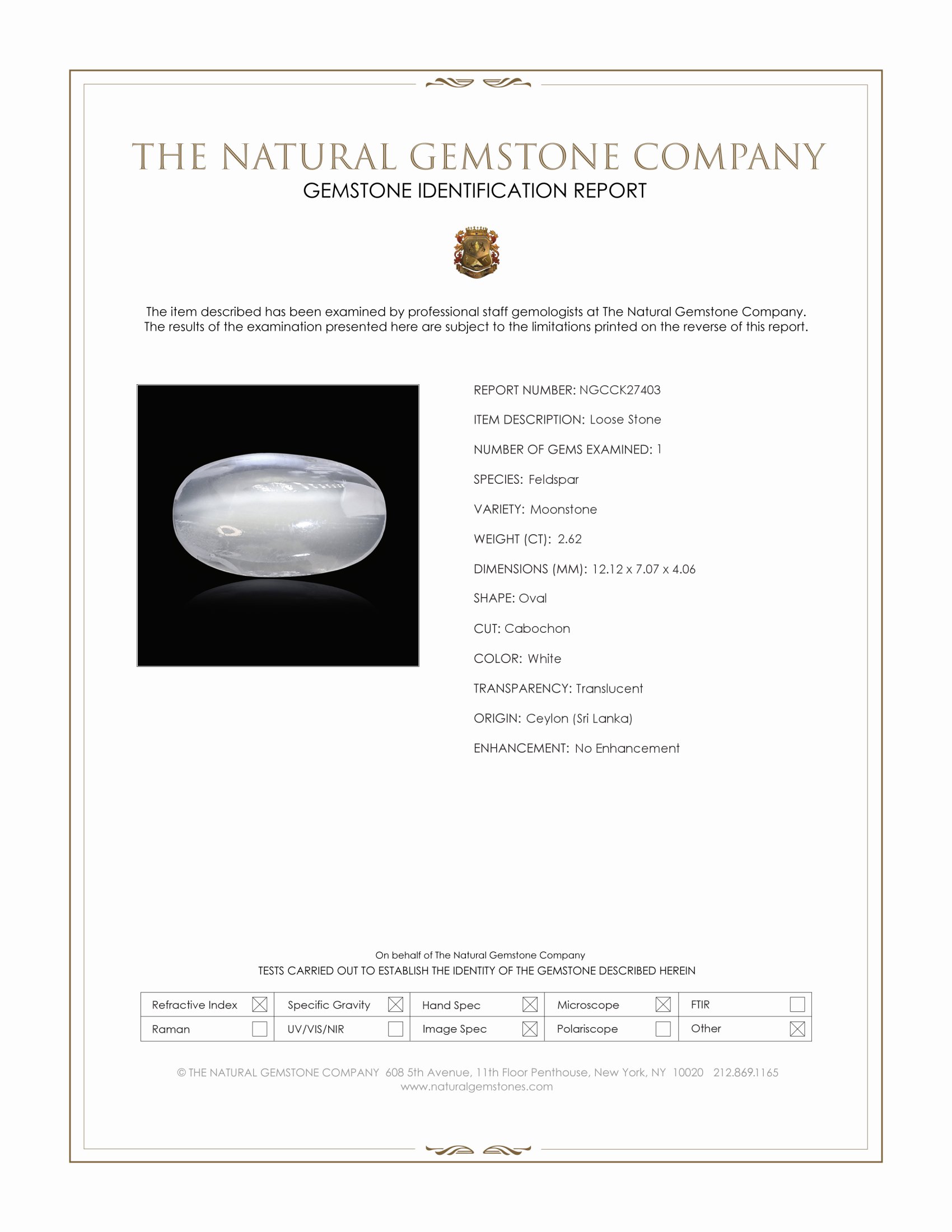 2.62 Ct. White Cabochon Moonstone from Ceylon (Sri Lanka)