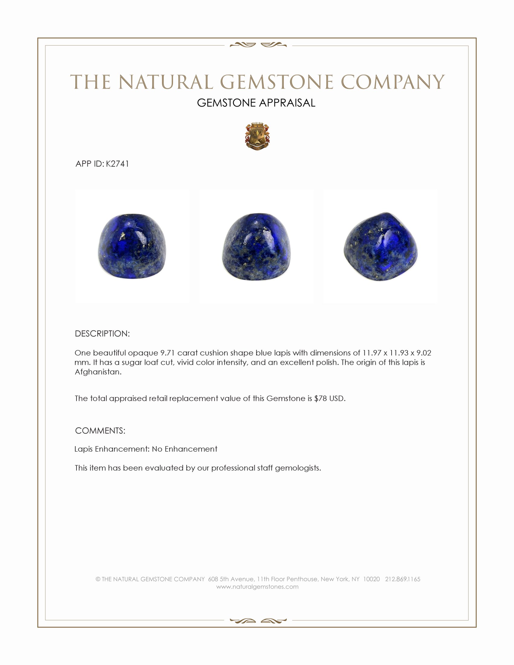 9.71 Ct. Cabochon Lapis from Afghanistan