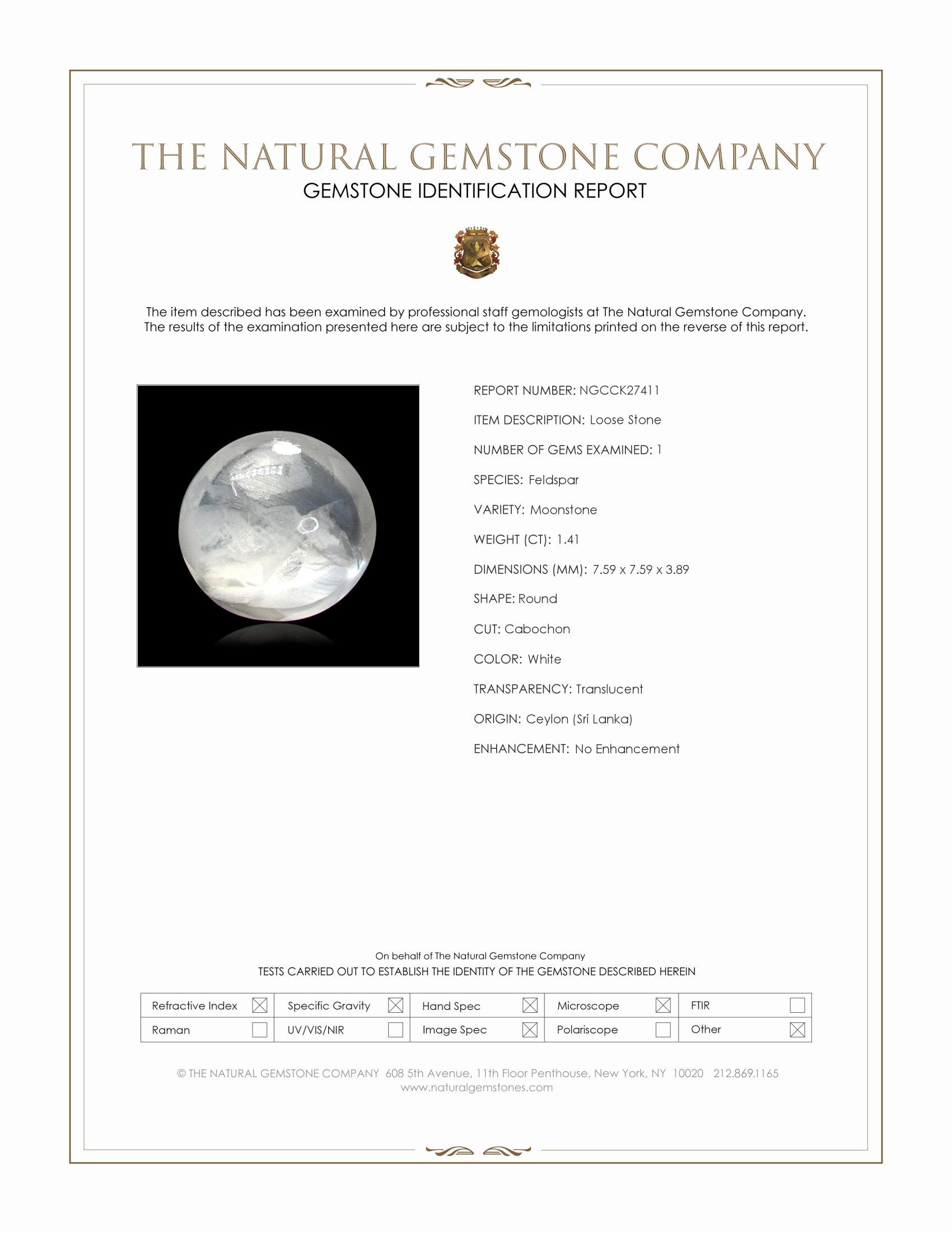 1.41 Ct. White Cabochon Moonstone from Ceylon (Sri Lanka)