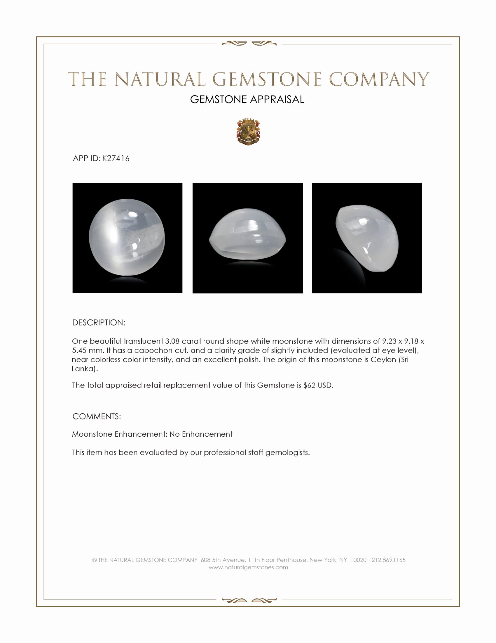 3.08 Ct. White Cabochon Moonstone from Ceylon (Sri Lanka)