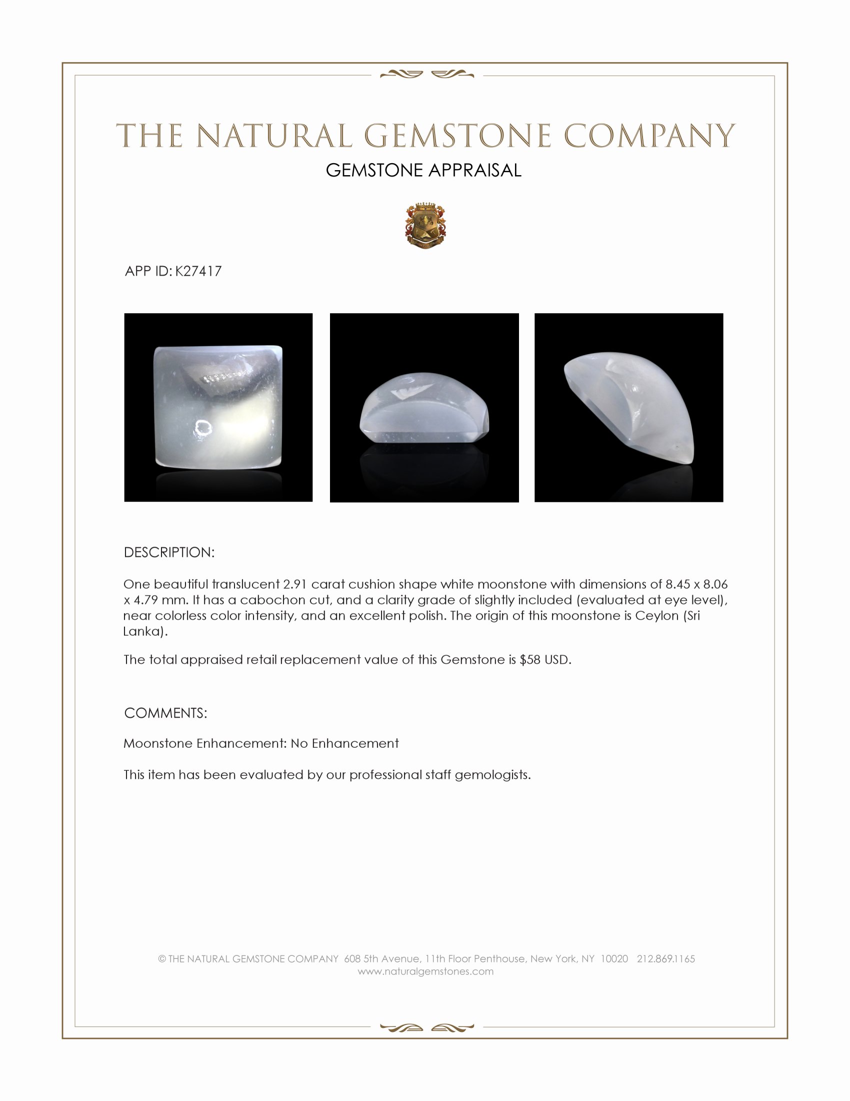 2.91 Ct. White Cabochon Moonstone from Ceylon (Sri Lanka)
