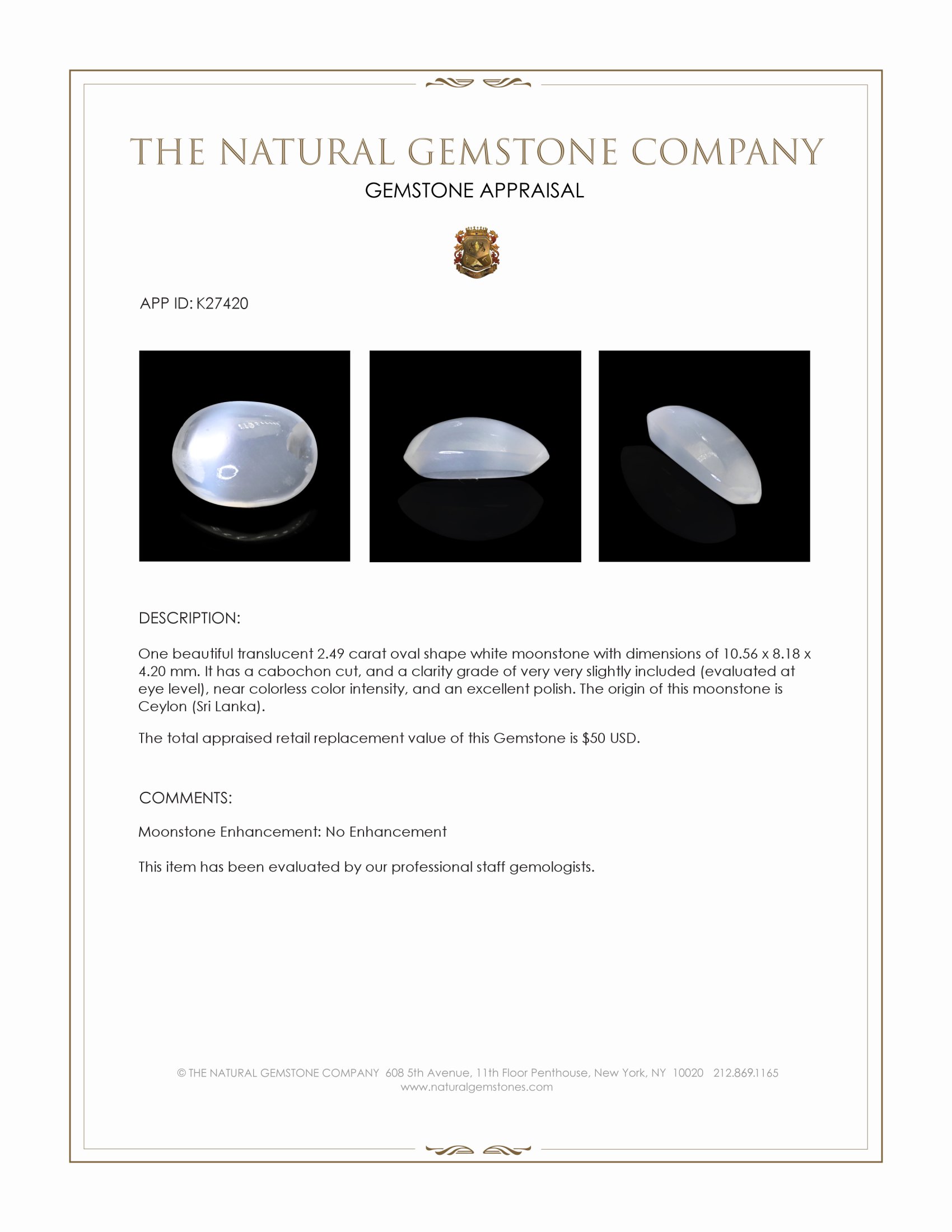 2.49 Ct. White Cabochon Moonstone from Ceylon (Sri Lanka)