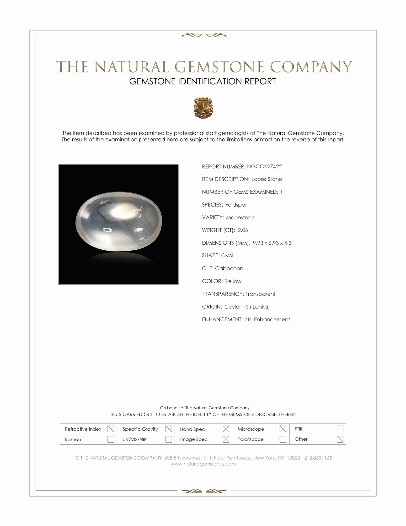 2.06 Ct. Yellow Cabochon Moonstone from Ceylon (Sri Lanka)