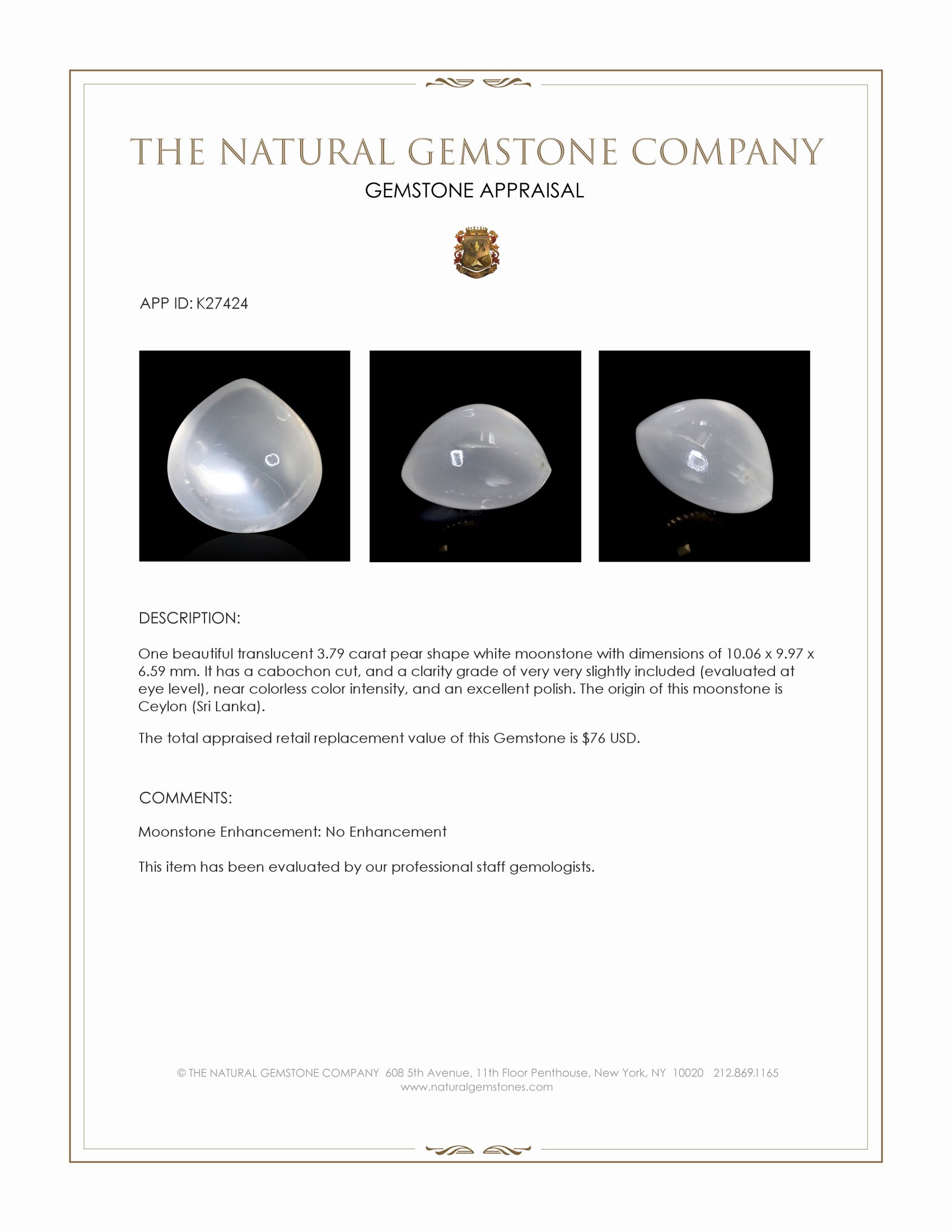 3.79 Ct. White Cabochon Moonstone from Ceylon (Sri Lanka)