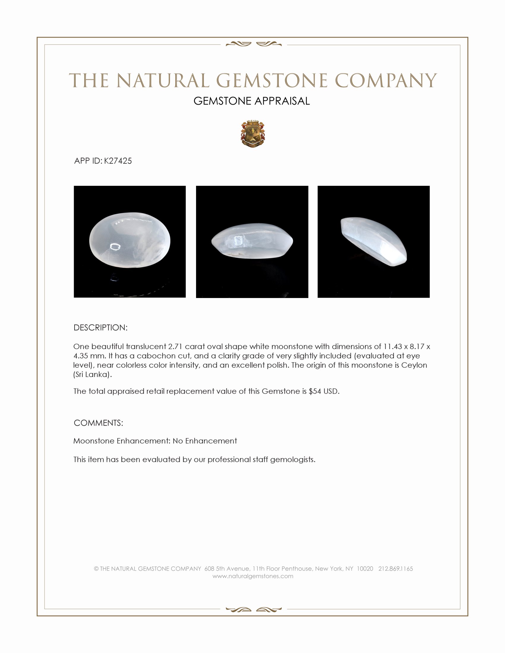 2.71 Ct. White Cabochon Moonstone from Ceylon (Sri Lanka)