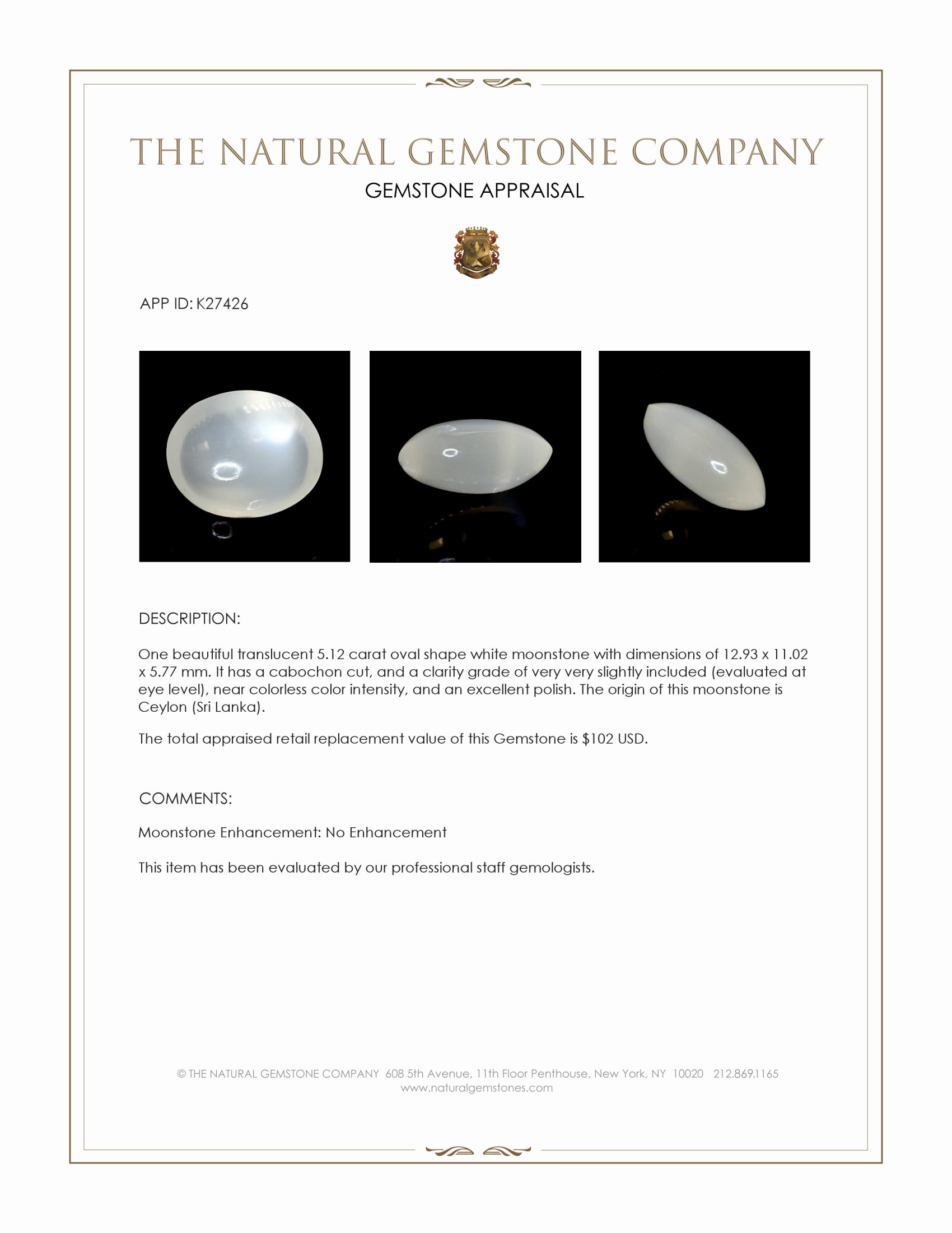 5.12 Ct. White Cabochon Moonstone from Ceylon (Sri Lanka)