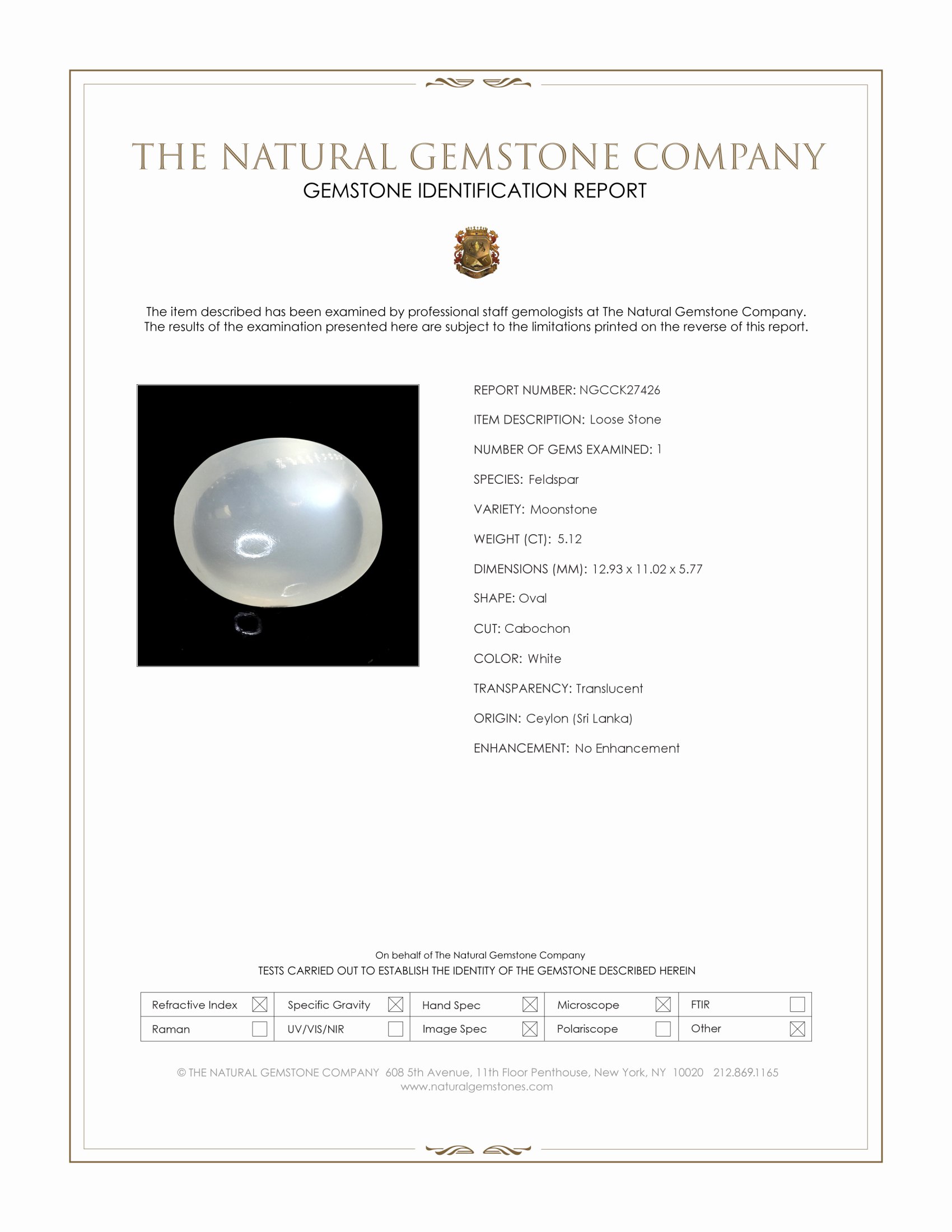 5.12 Ct. White Cabochon Moonstone from Ceylon (Sri Lanka)
