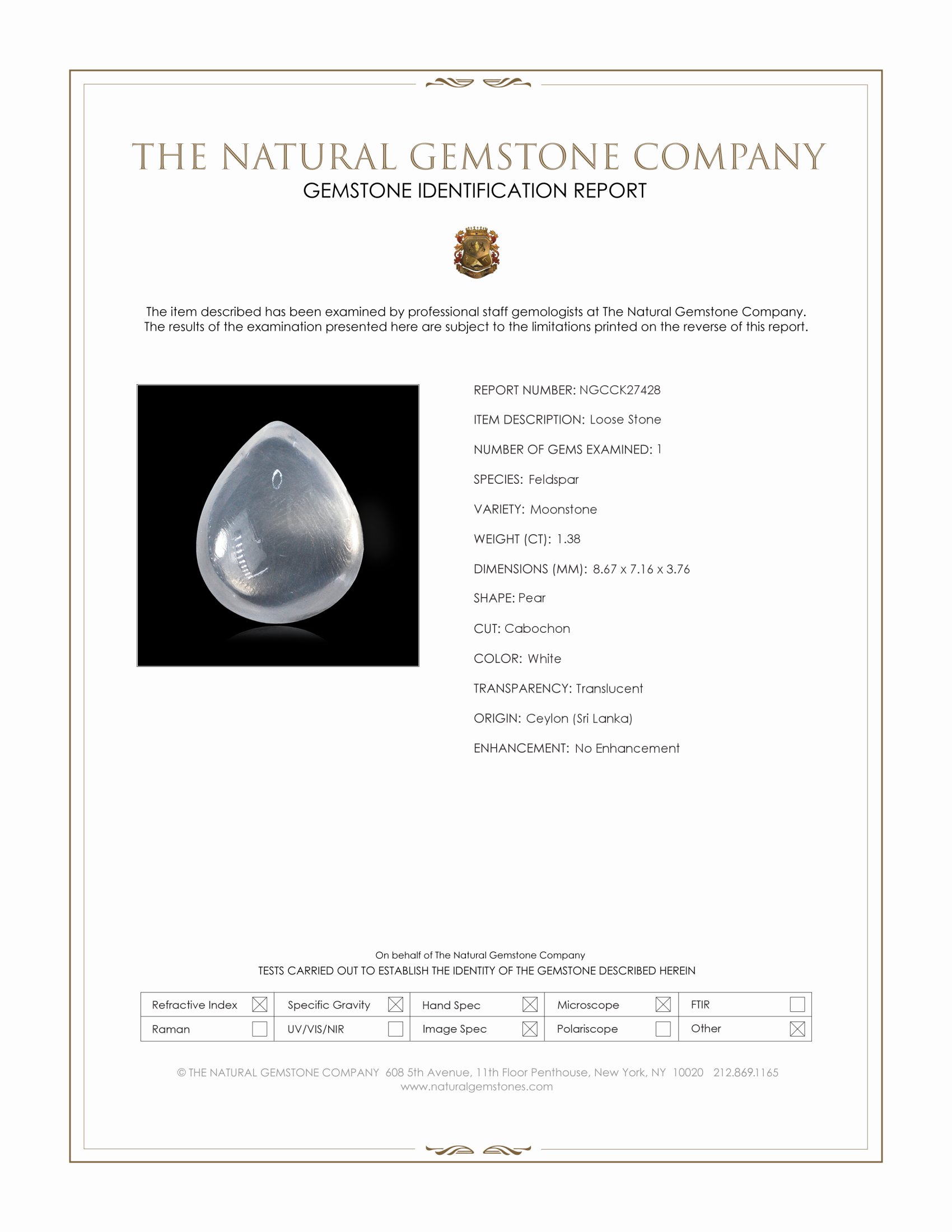 1.38 Ct. White Cabochon Moonstone from Ceylon (Sri Lanka)