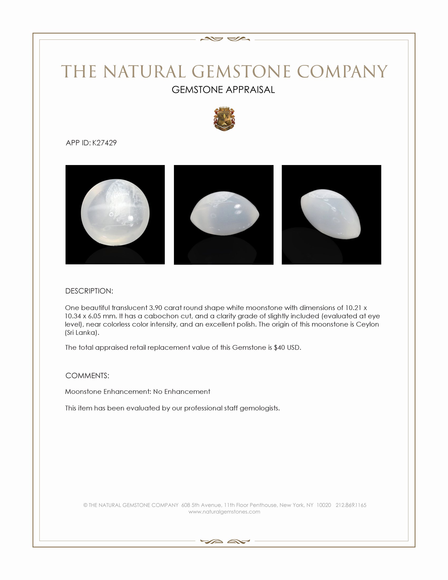 3.90 Ct. White Cabochon Moonstone from Ceylon (Sri Lanka)