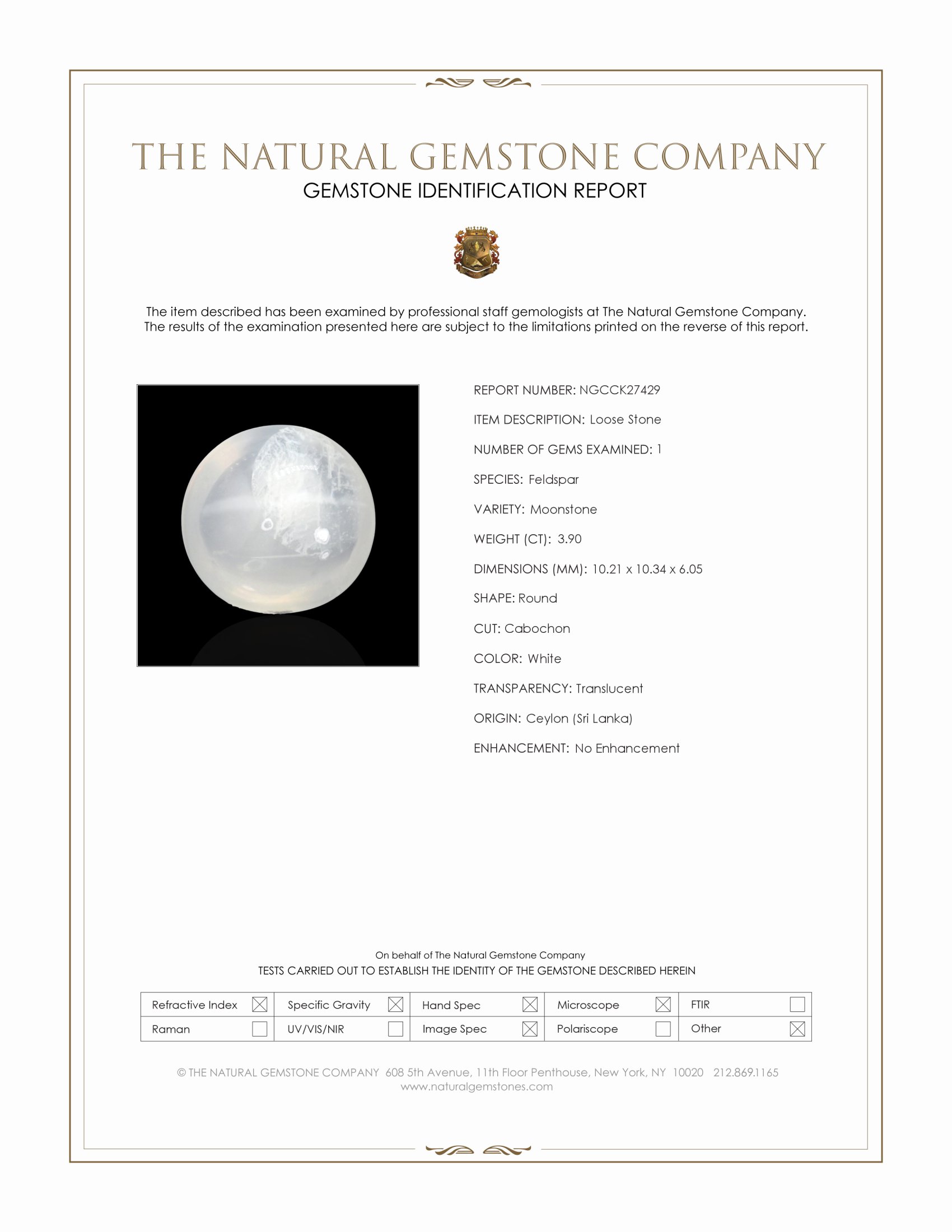 3.90 Ct. White Cabochon Moonstone from Ceylon (Sri Lanka)