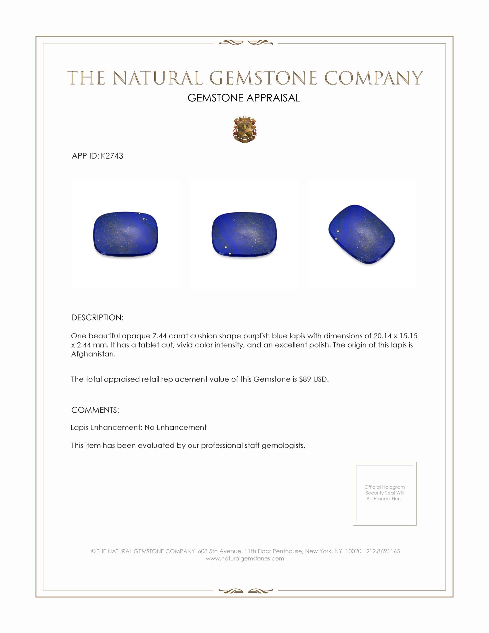 7.44 Ct. Lapis from Afghanistan
