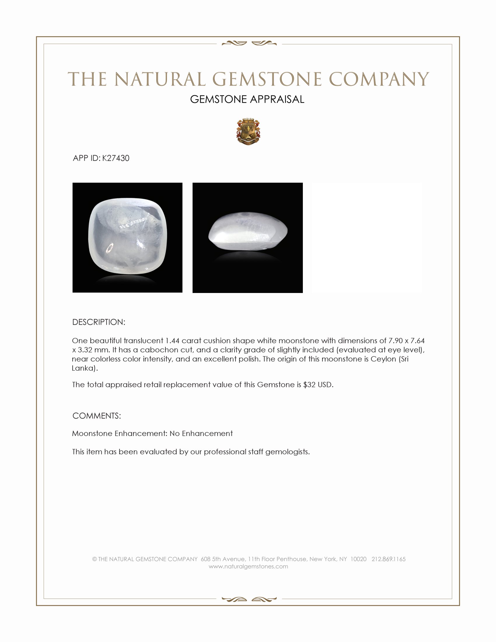 1.44 Ct. White Cabochon Moonstone from Ceylon (Sri Lanka)
