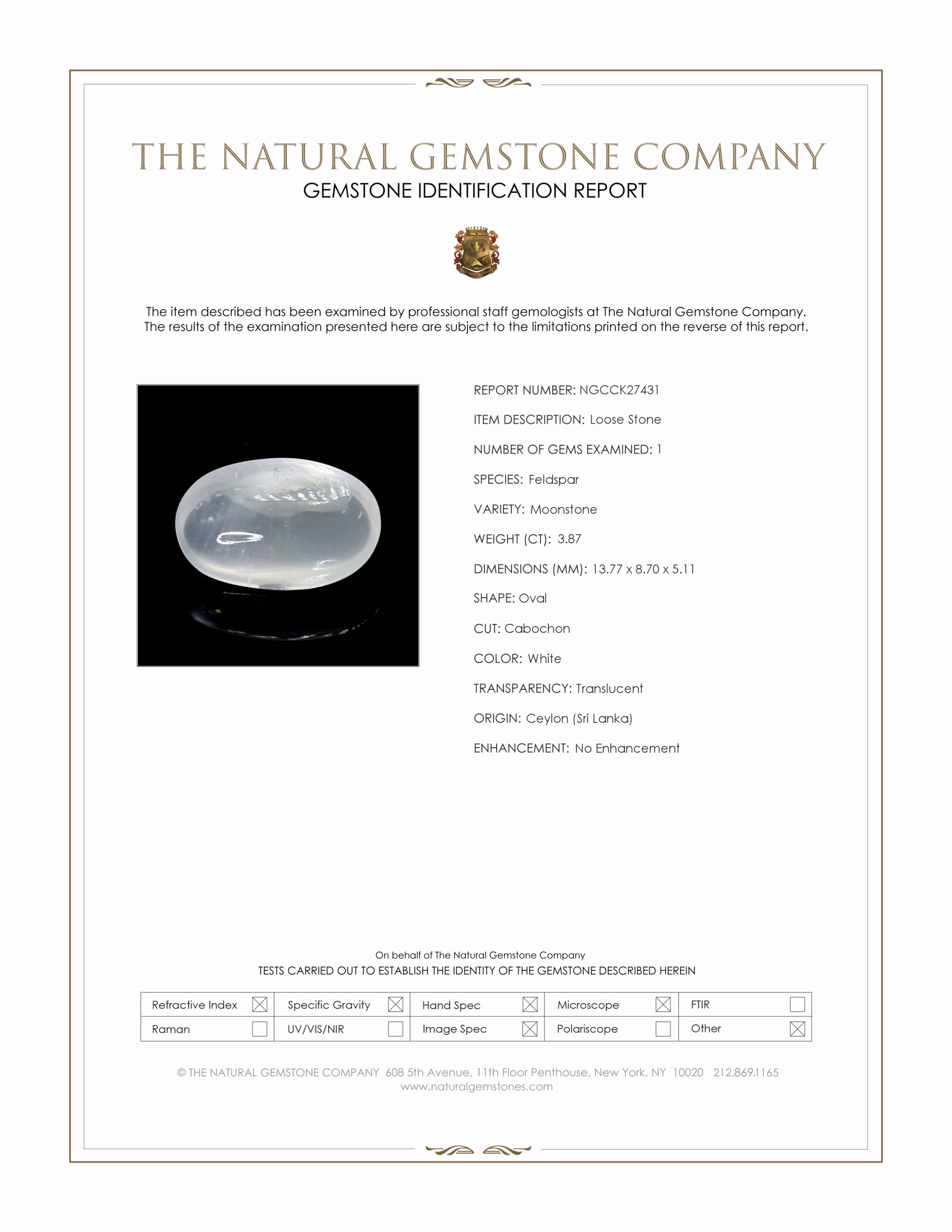 3.87 Ct. White Cabochon Moonstone from Ceylon (Sri Lanka)