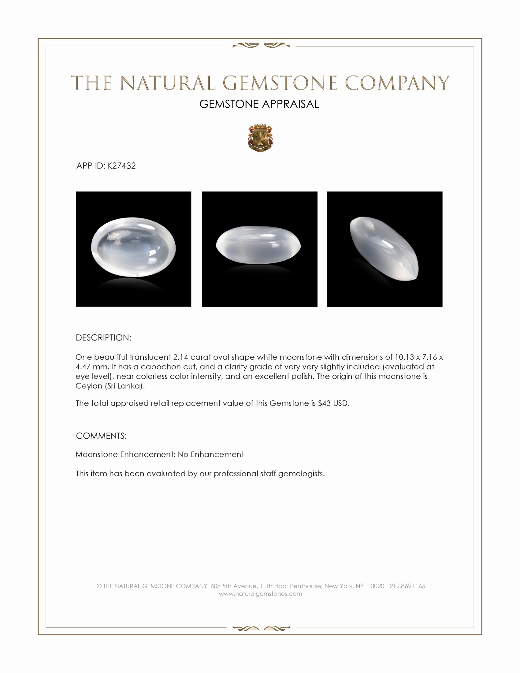 2.14 Ct. White Cabochon Moonstone from Ceylon (Sri Lanka)