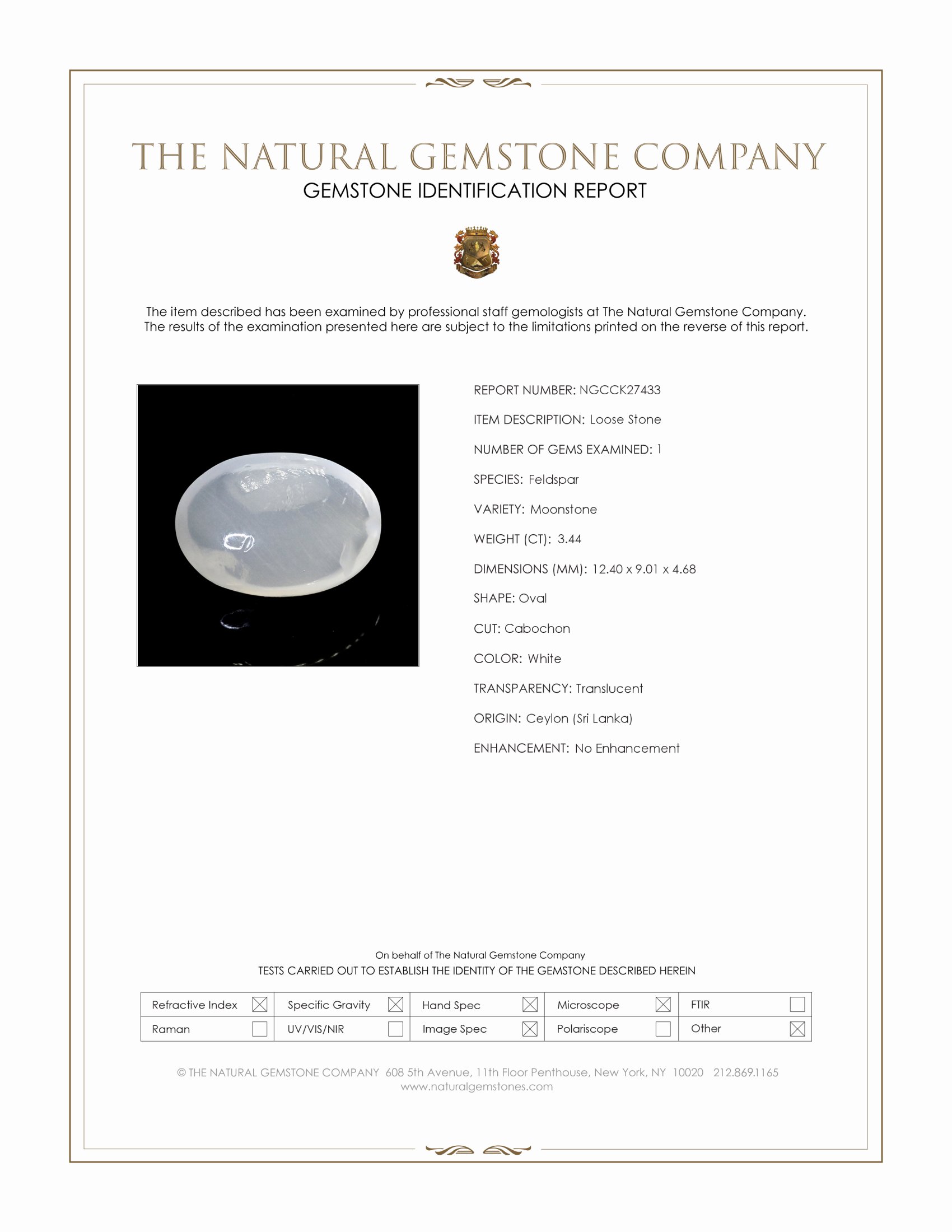 3.44 Ct. White Cabochon Moonstone from Ceylon (Sri Lanka)