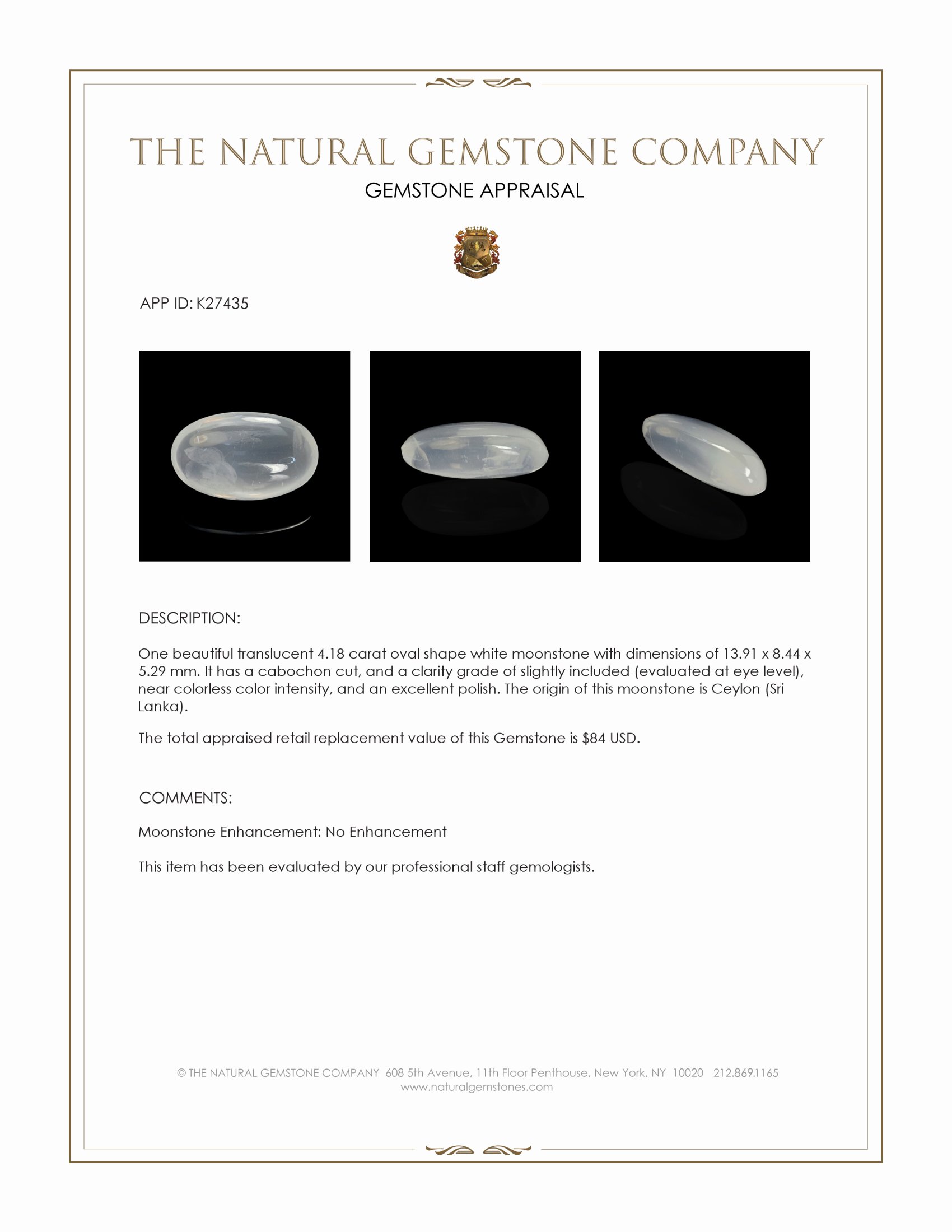 4.18 Ct. White Cabochon Moonstone from Ceylon (Sri Lanka)