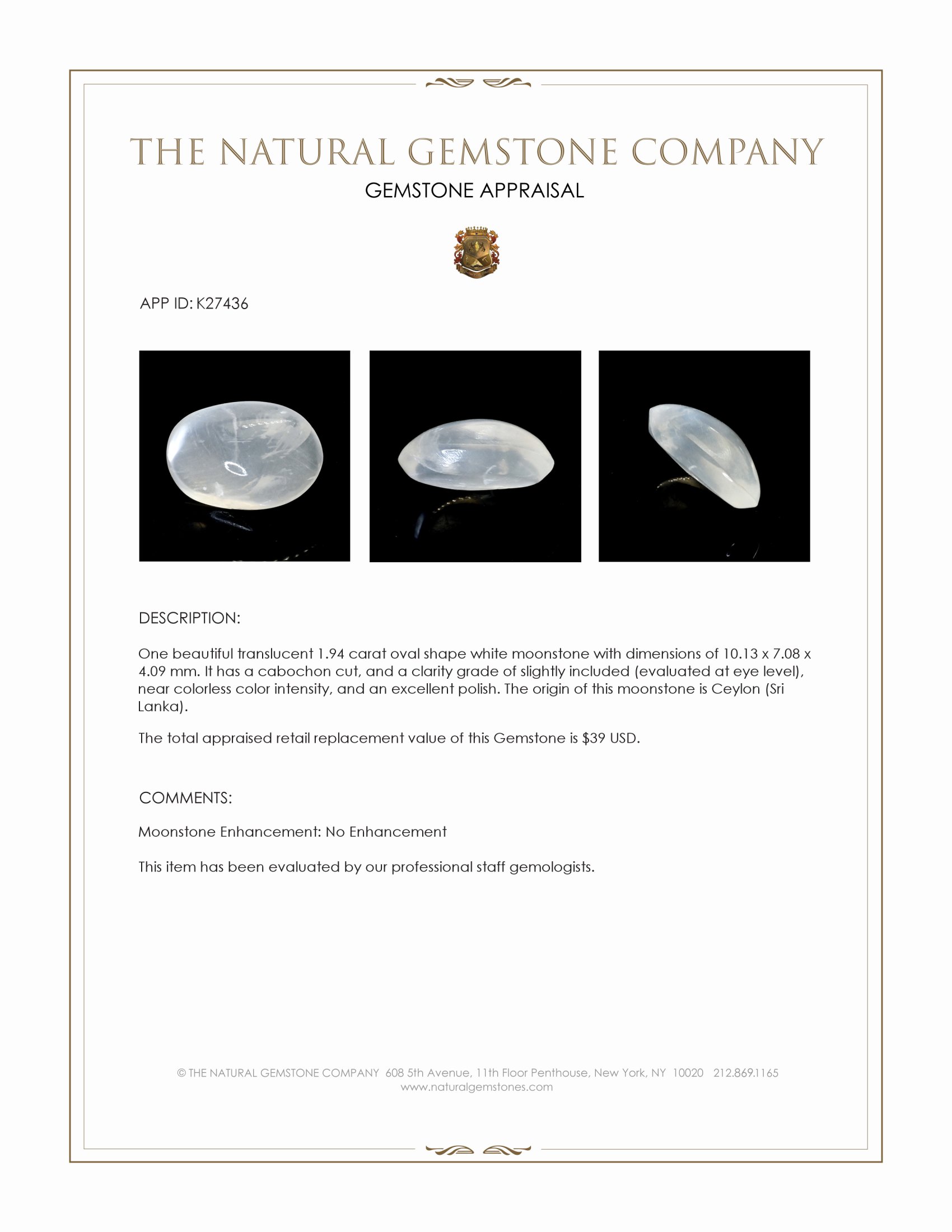 1.94 Ct. White Cabochon Moonstone from Ceylon (Sri Lanka)