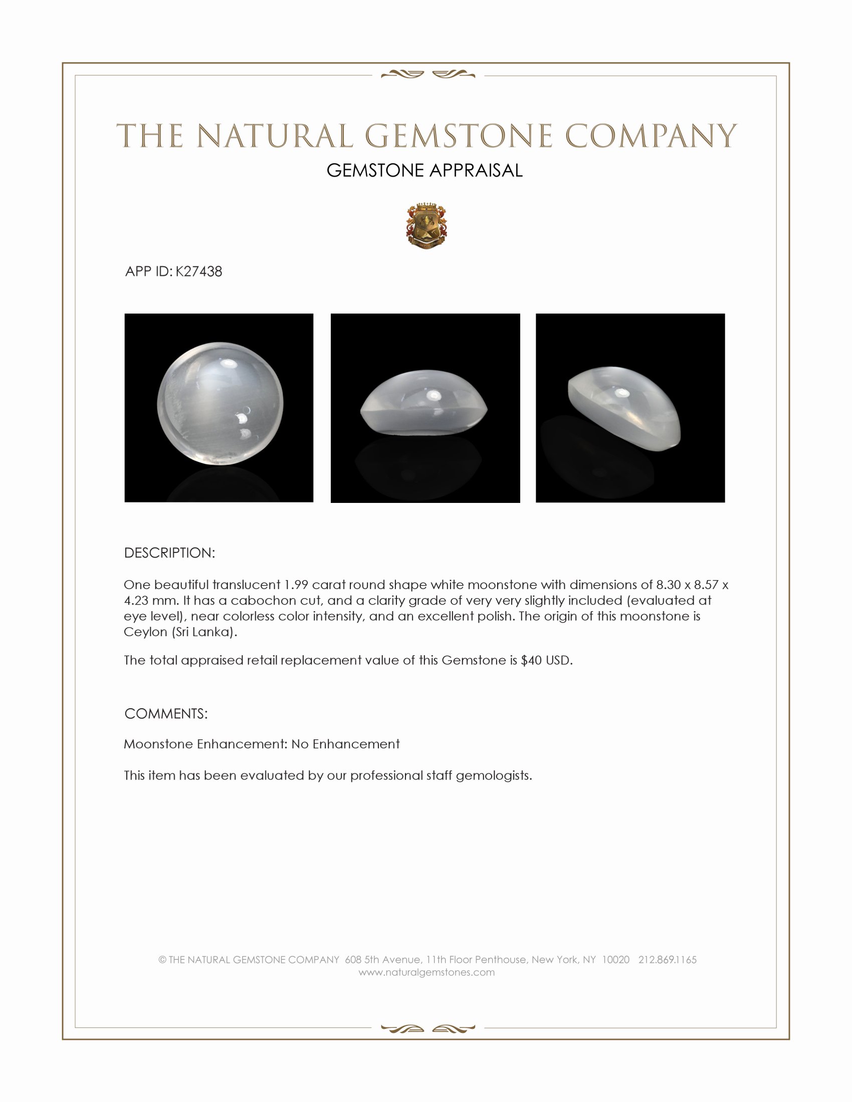 1.99 Ct. White Cabochon Moonstone from Ceylon (Sri Lanka)