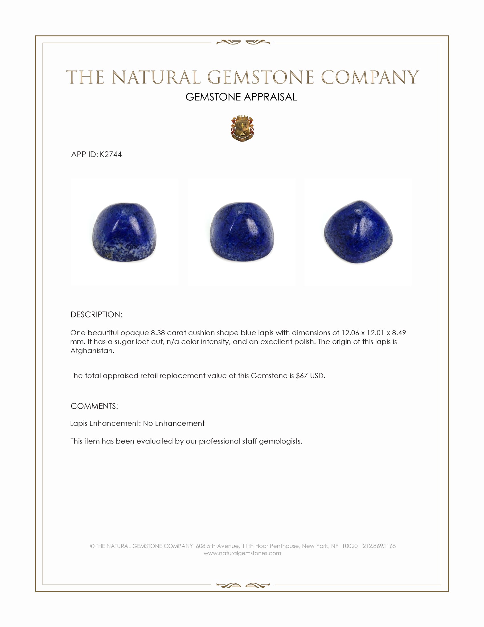 8.38 Ct. Cabochon Lapis from Afghanistan