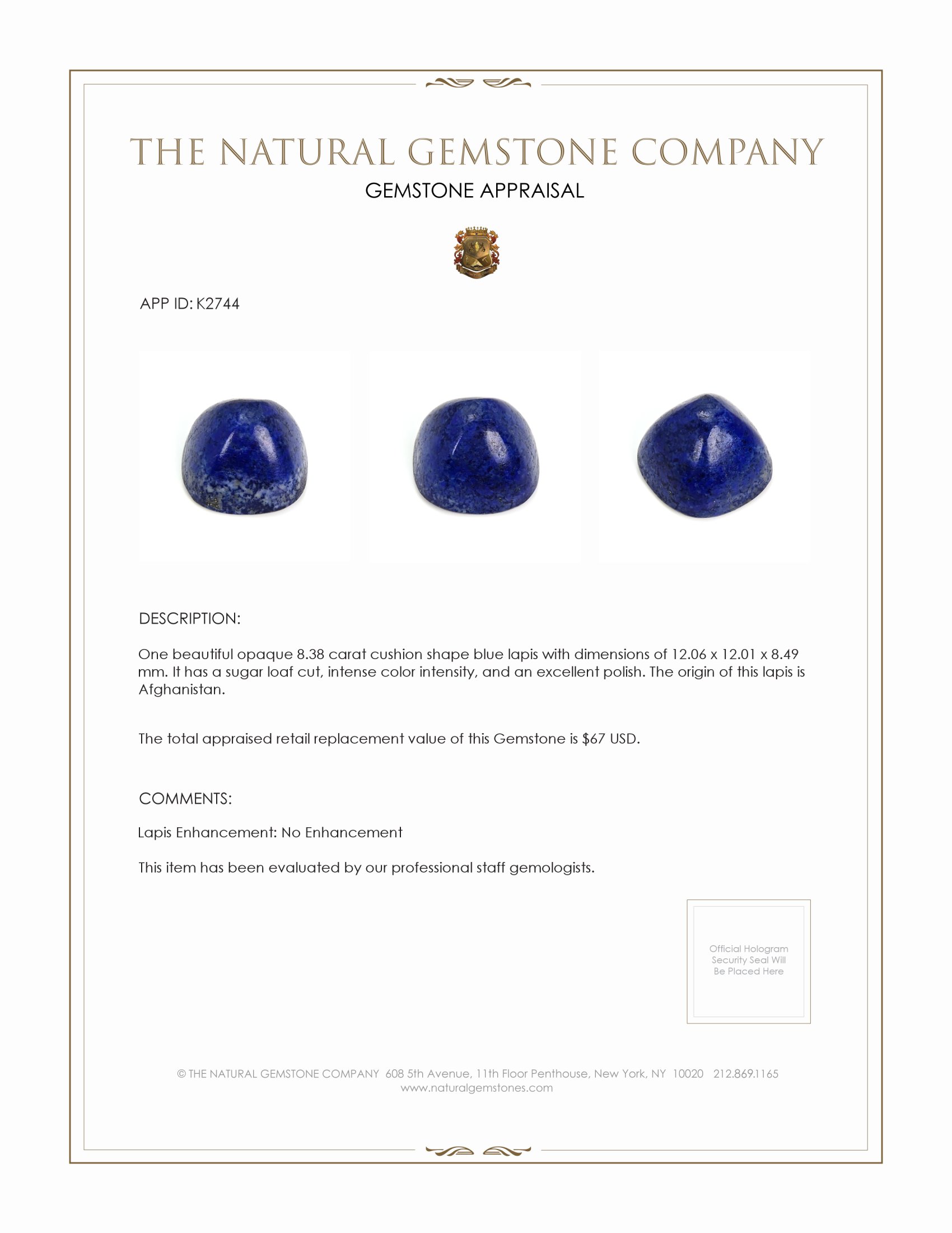 8.38 Ct. Cabochon Lapis from Afghanistan