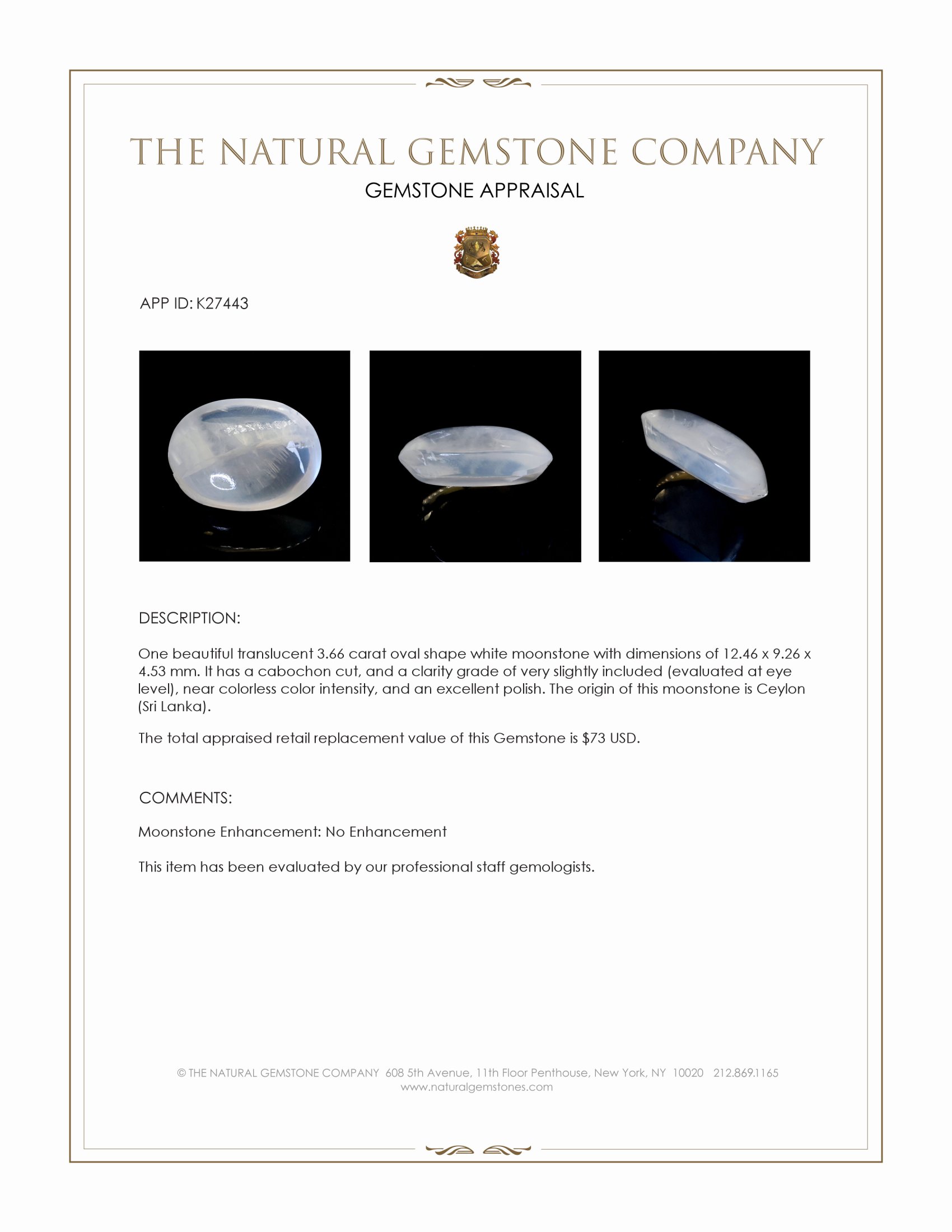 3.66 Ct. White Cabochon Moonstone from Ceylon (Sri Lanka)