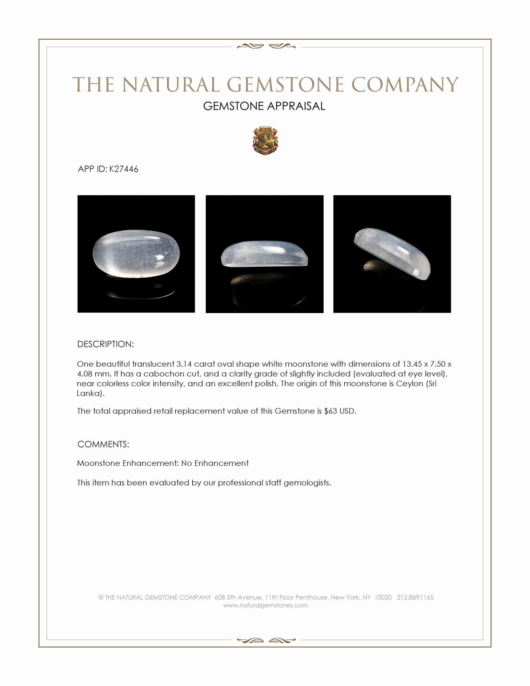 3.14 Ct. White Cabochon Moonstone from Ceylon (Sri Lanka)